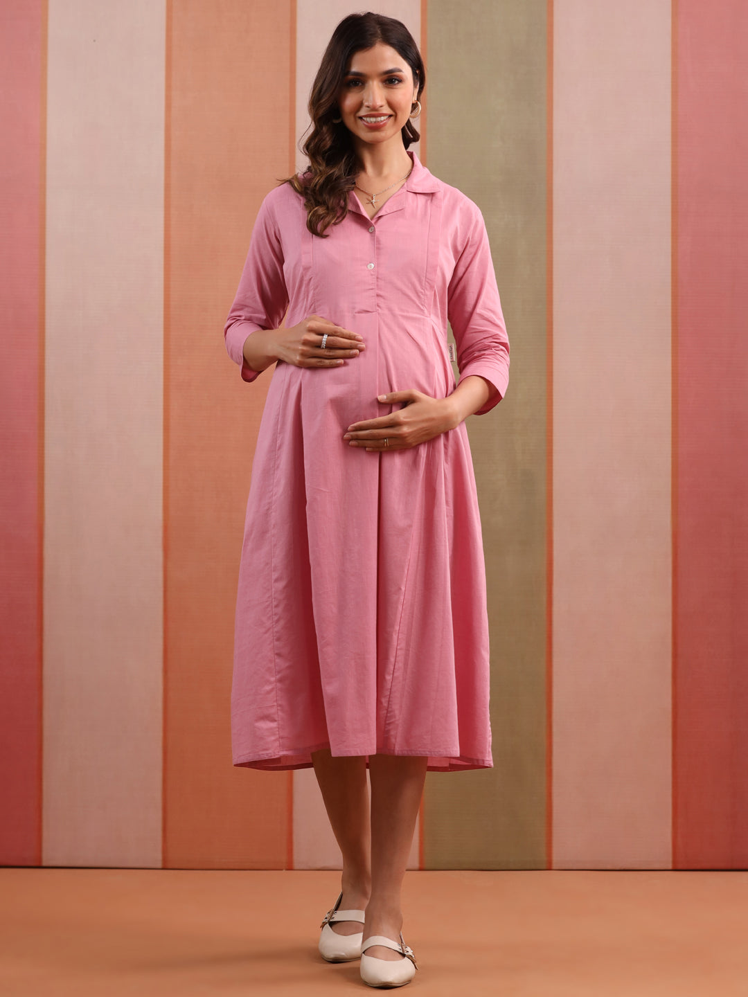 Soft Pink Solid Slub Maternity - Nursing Dress