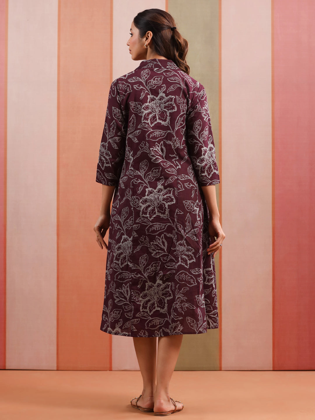 Plum Leaf Print Cotton Maternity - Nursing Dress