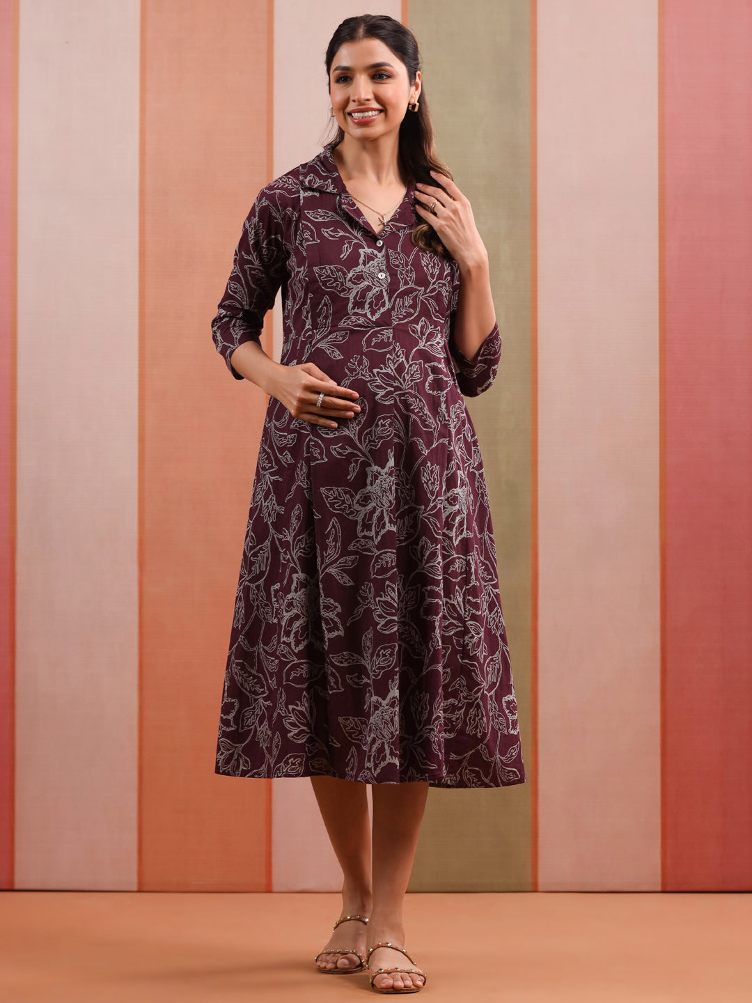 Plum Leaf Print Cotton Maternity - Nursing Dress