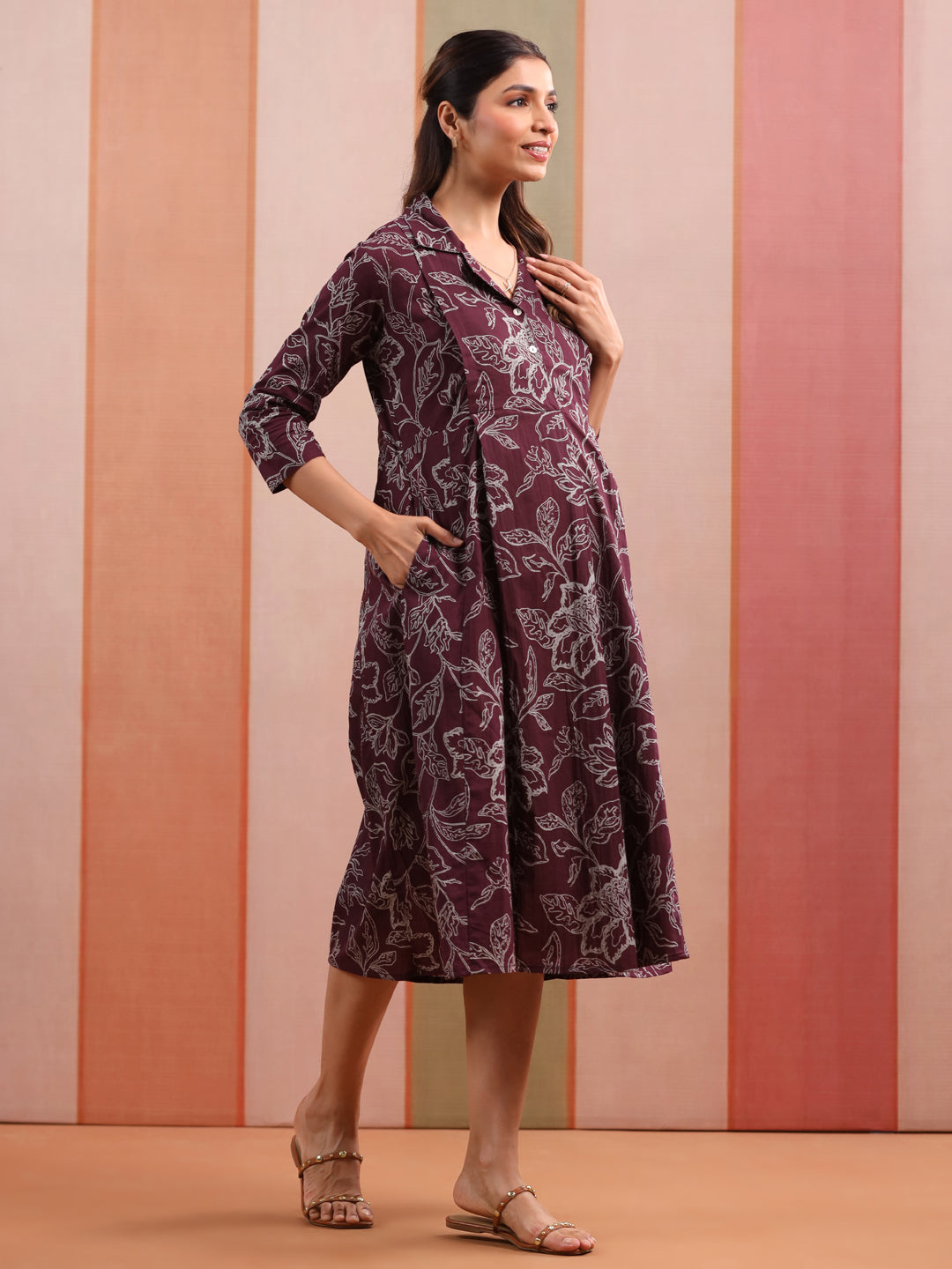 Plum Leaf Print Cotton Maternity - Nursing Dress