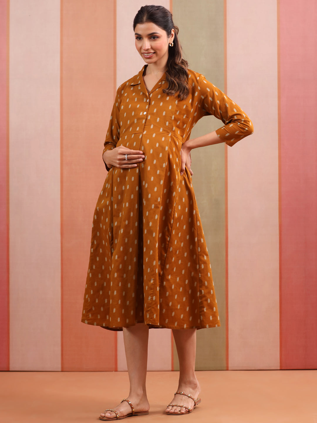 Mustard Loom Print Cotton Maternity - Nursing Dress