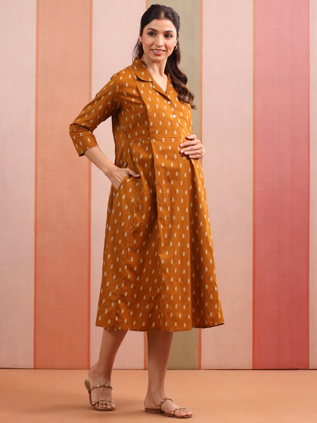 Mustard Loom Print Cotton Maternity - Nursing Dress