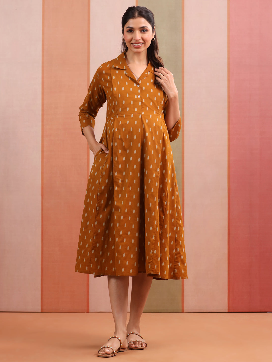Mustard Loom Print Cotton Maternity - Nursing Dress