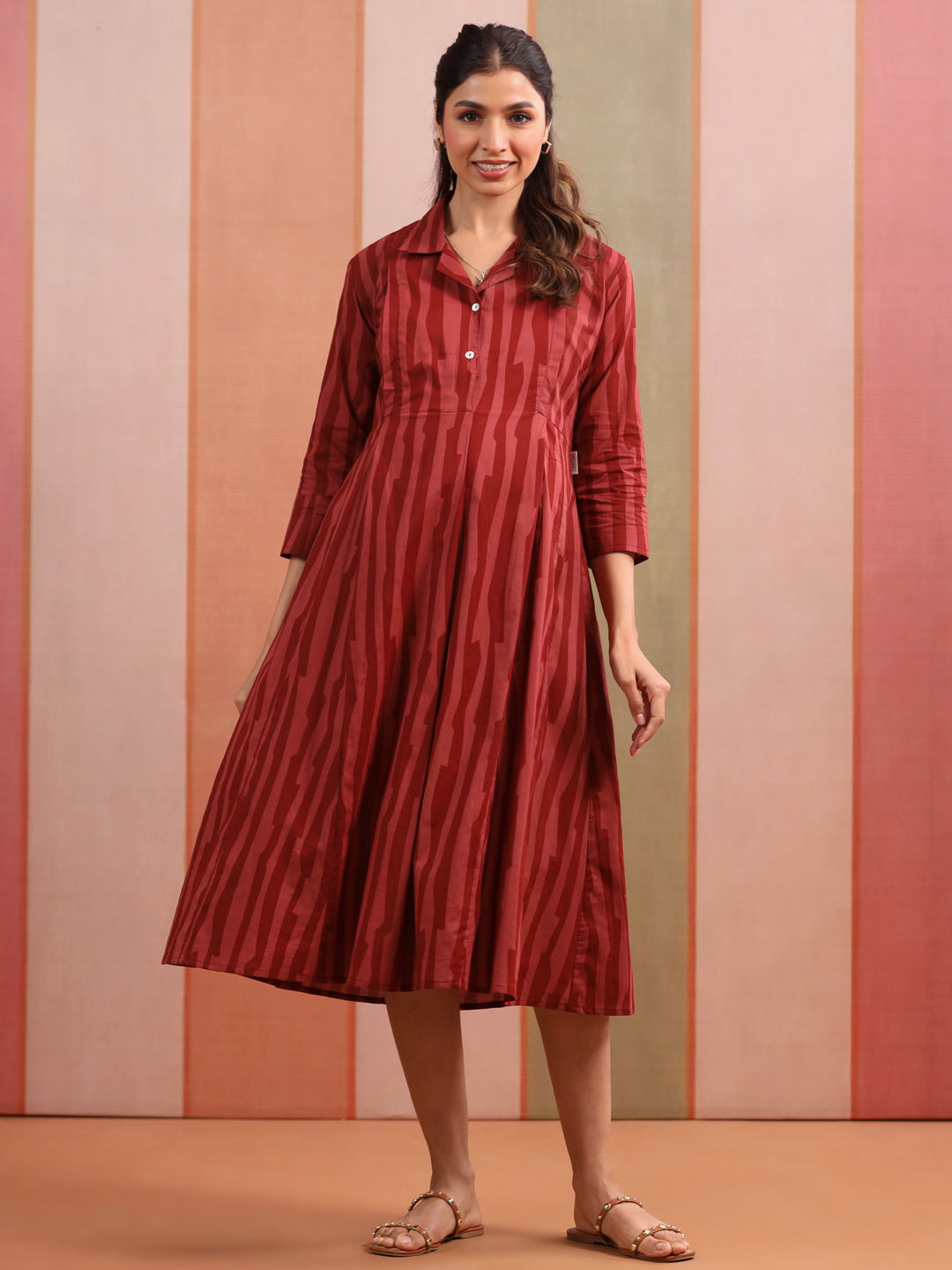 Rust Abstract Stripe Cotton Maternity - Nursing Dress