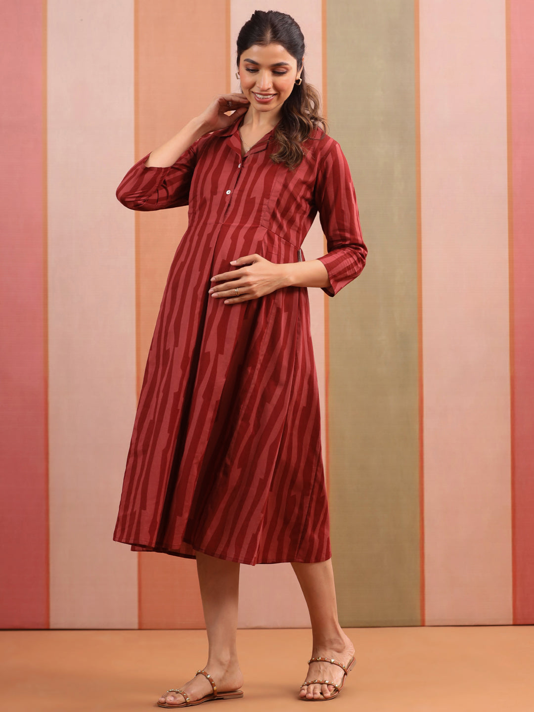 Rust Abstract Stripe Cotton Maternity - Nursing Dress