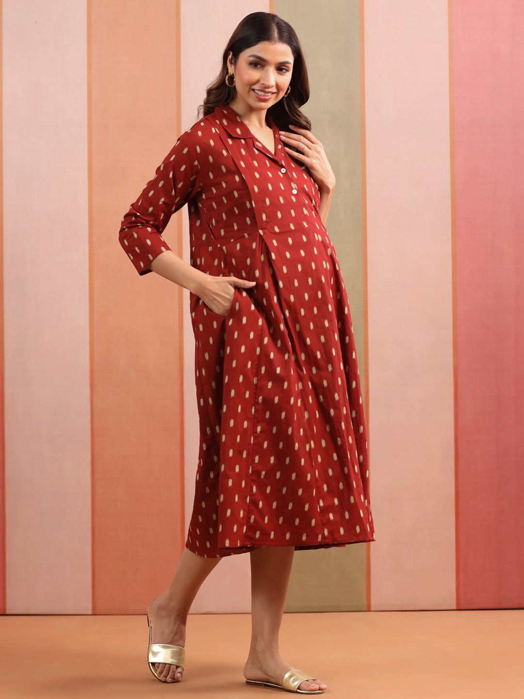 Maroon Loom Print Cotton Maternity - Nursing Dress