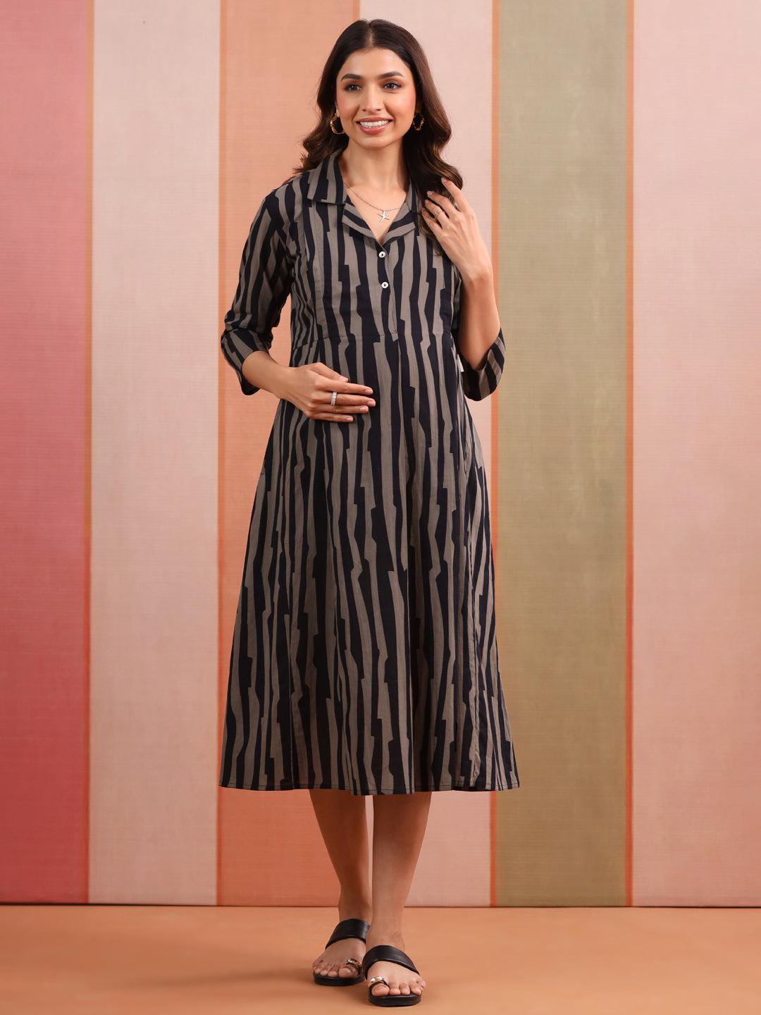 Black Grey Abstract Stripe Cotton Maternity - Nursing Dress