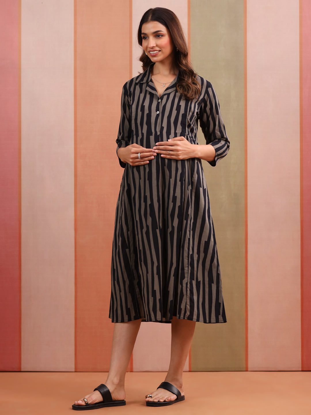 Black Grey Abstract Stripe Cotton Maternity - Nursing Dress