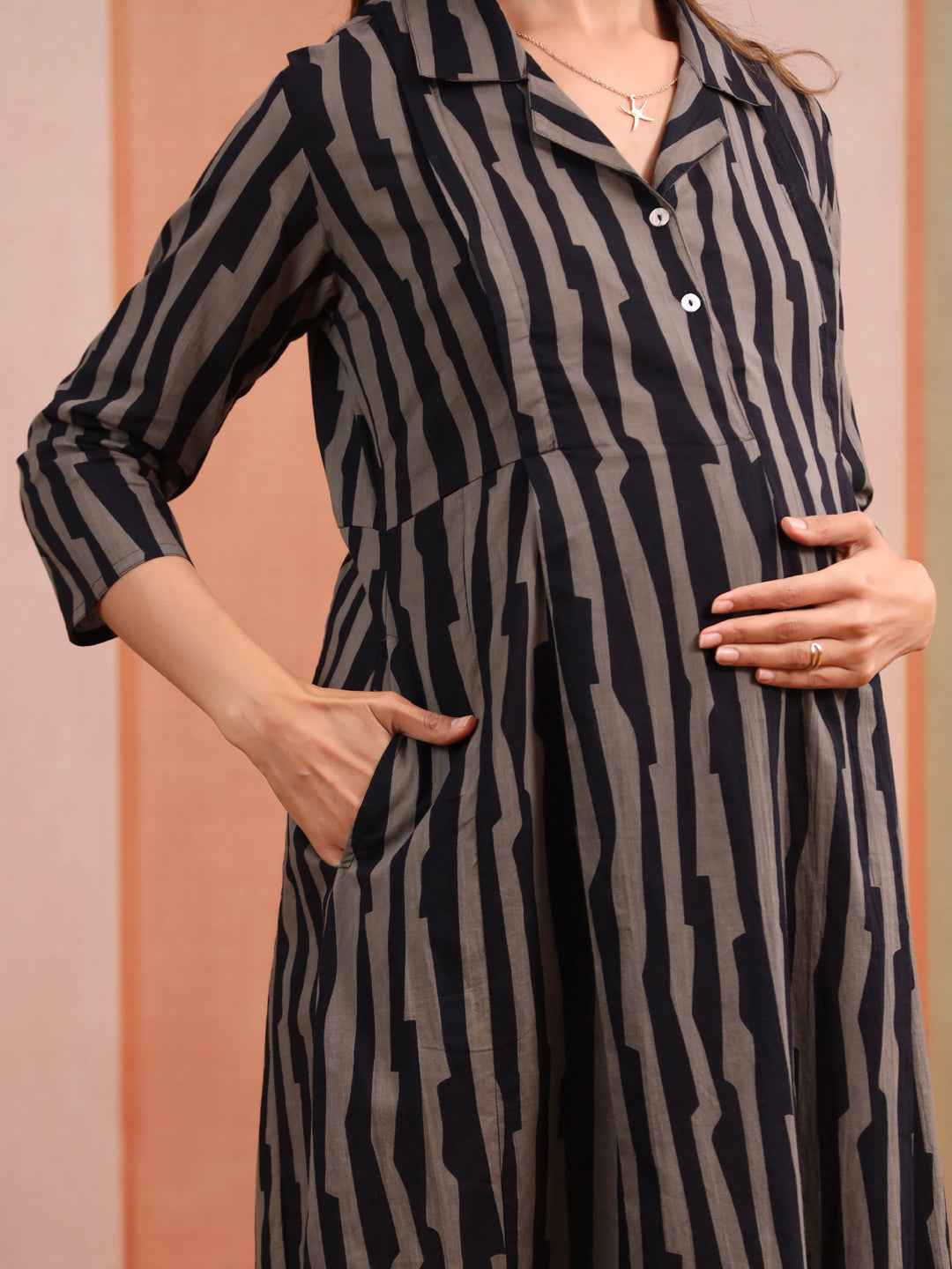 Black Grey Abstract Stripe Cotton Maternity - Nursing Kurta