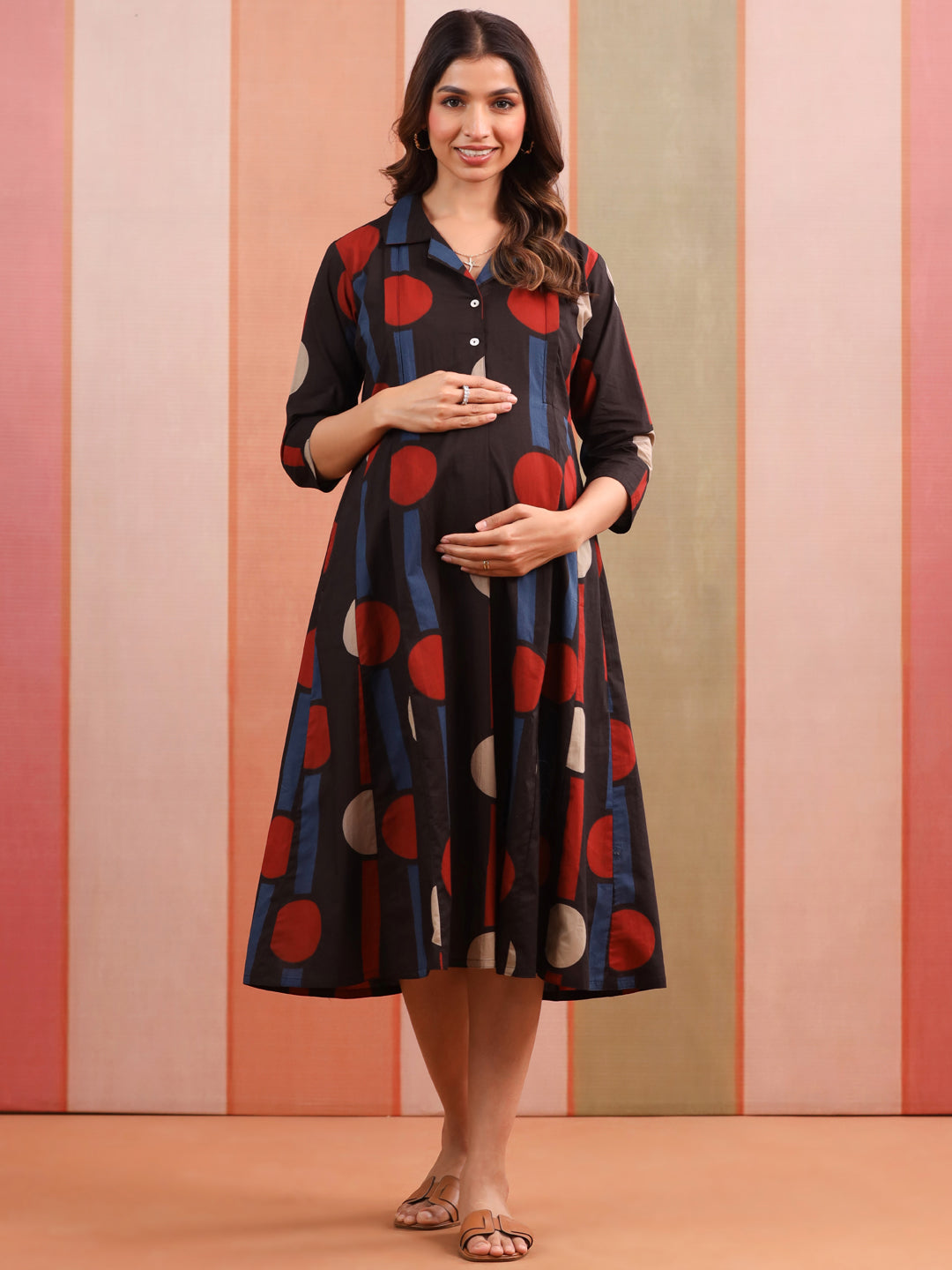 Black Geometric Ajrakh Cotton Maternity - Nursing Dress
