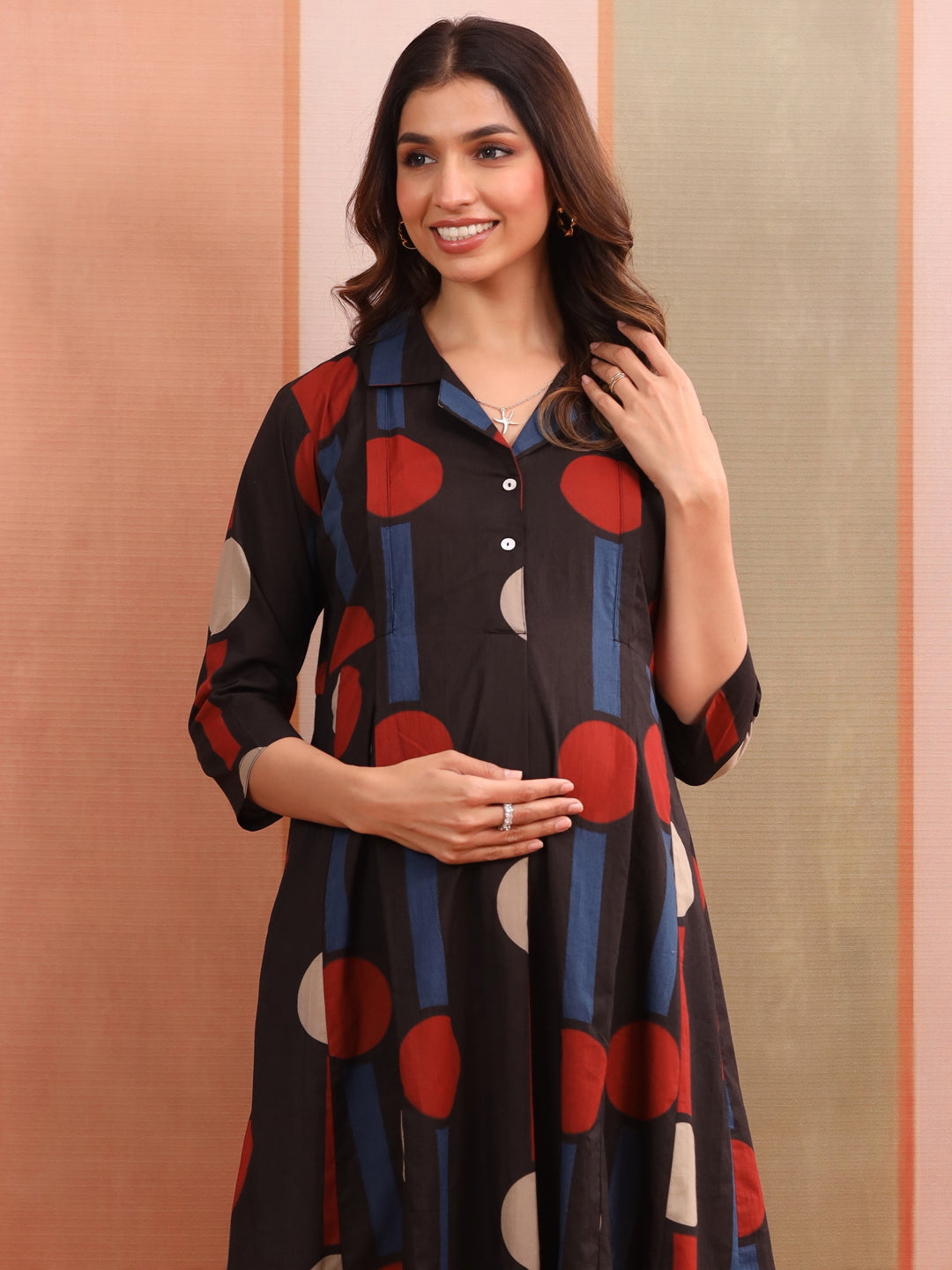 Black Geometric Ajrakh Cotton Maternity - Nursing Dress