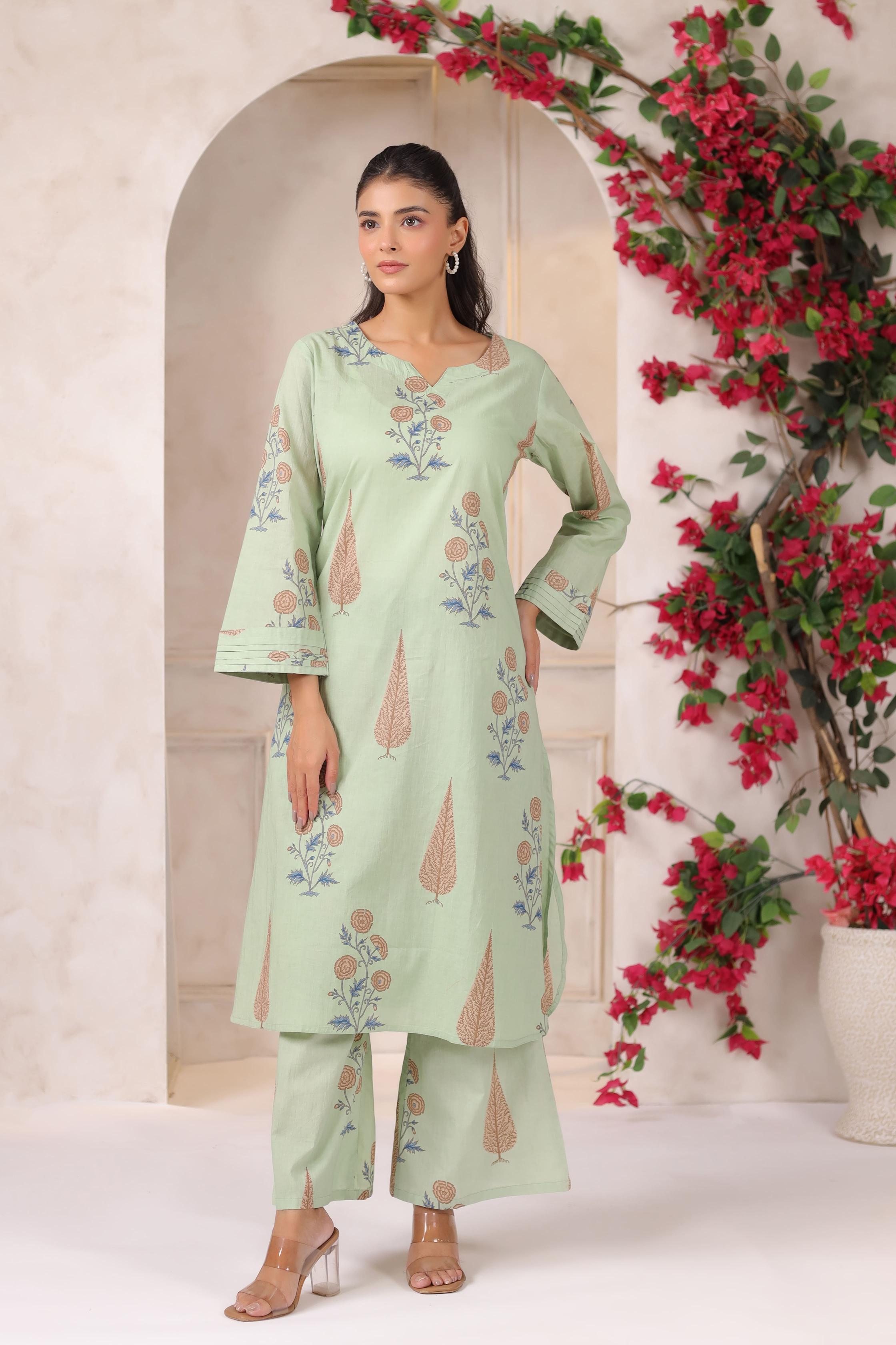 Pistachio Pastel Mughal BootaCotton Co-ord Set