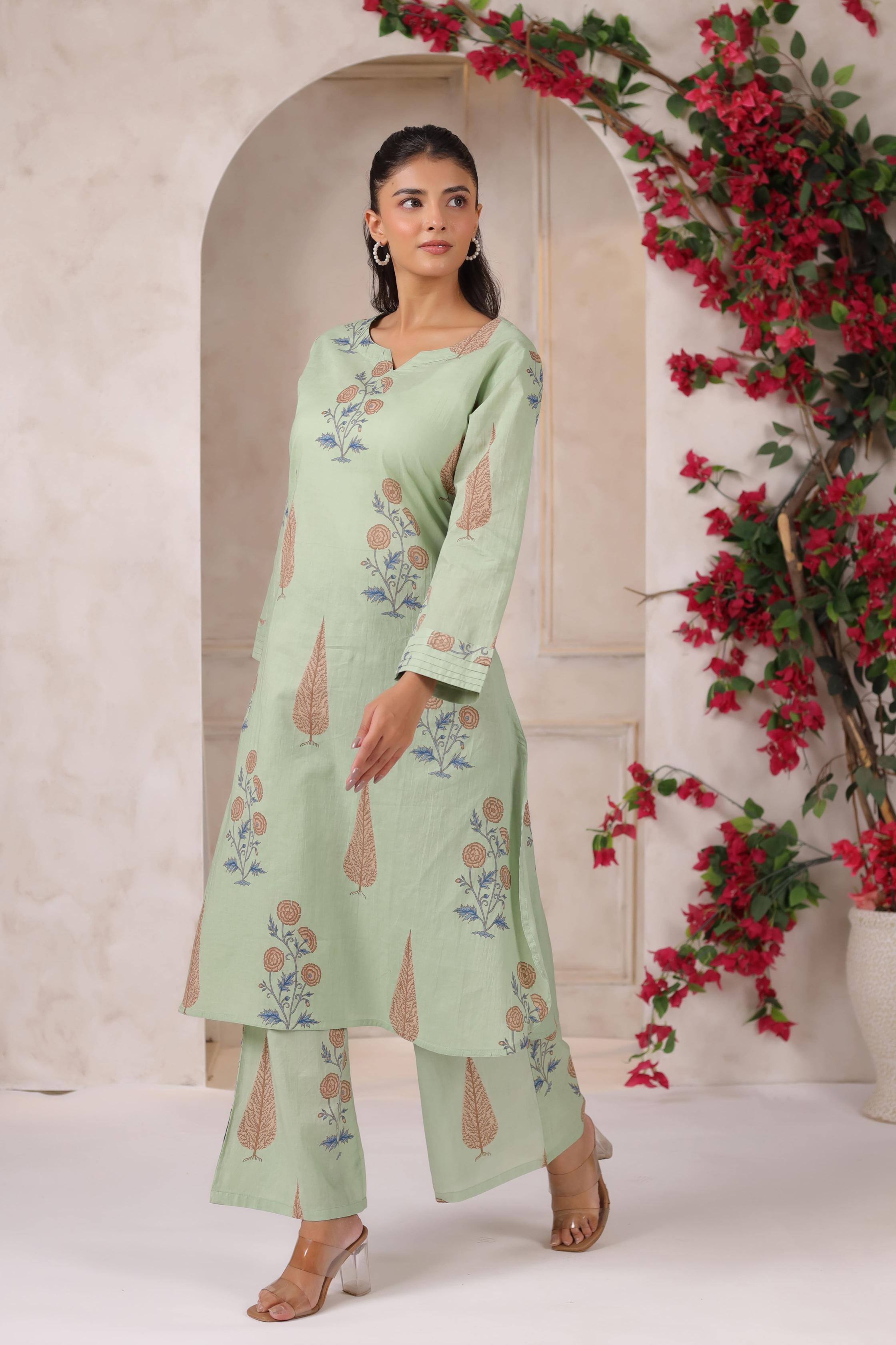 Pistachio Pastel Mughal BootaCotton Co-ord Set