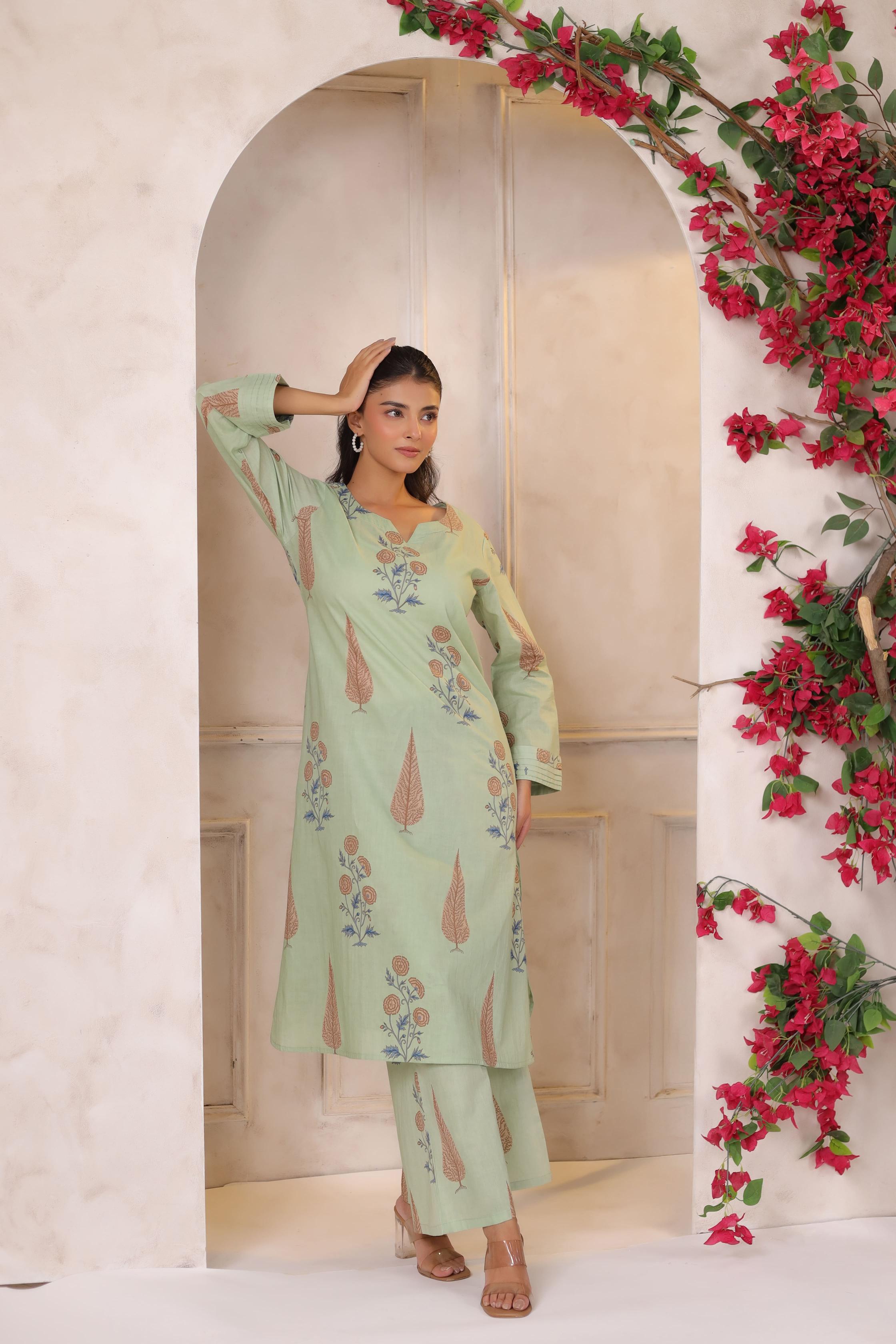 Pistachio Pastel Mughal BootaCotton Co-ord Set