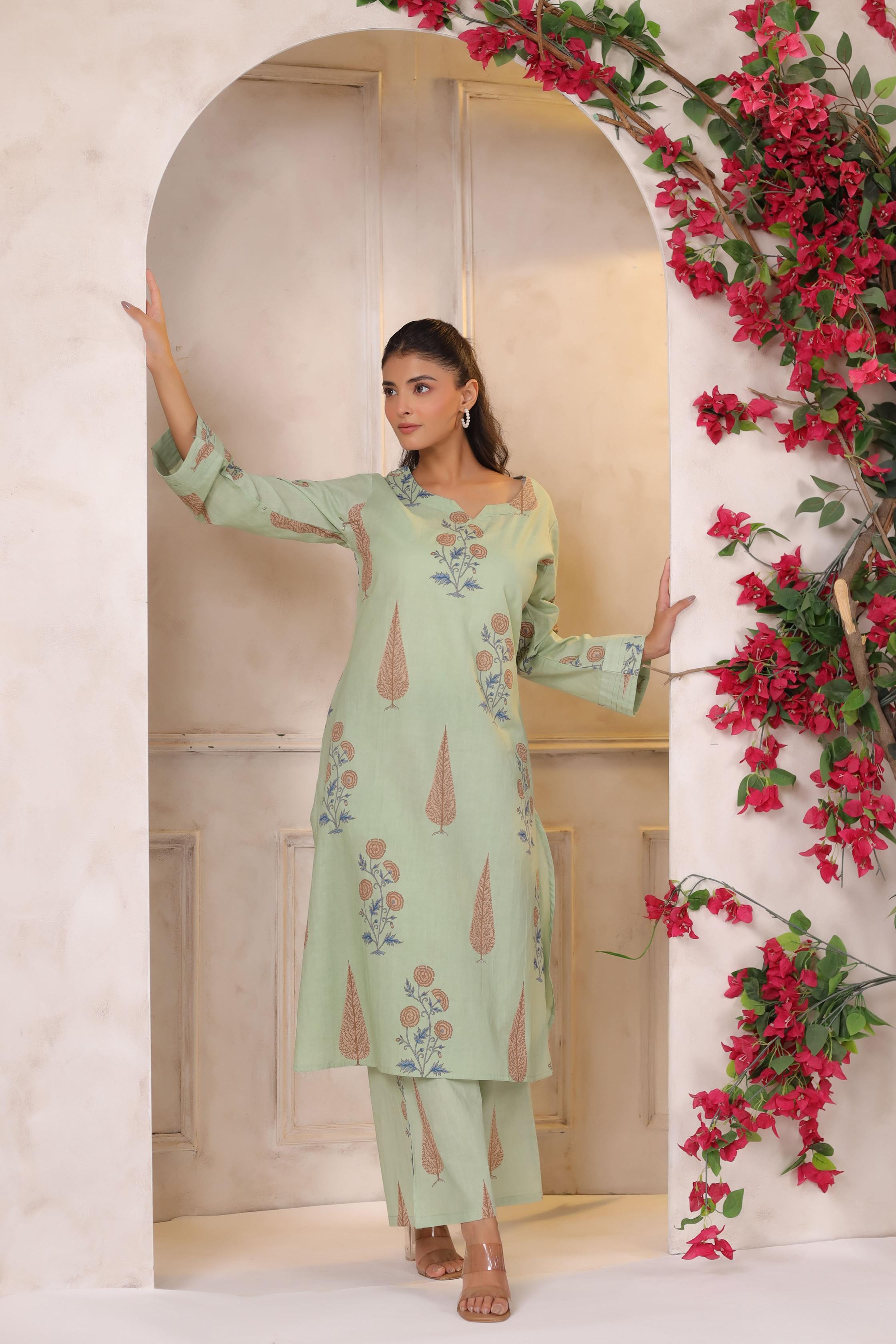 Pistachio Pastel Mughal BootaCotton Co-ord Set