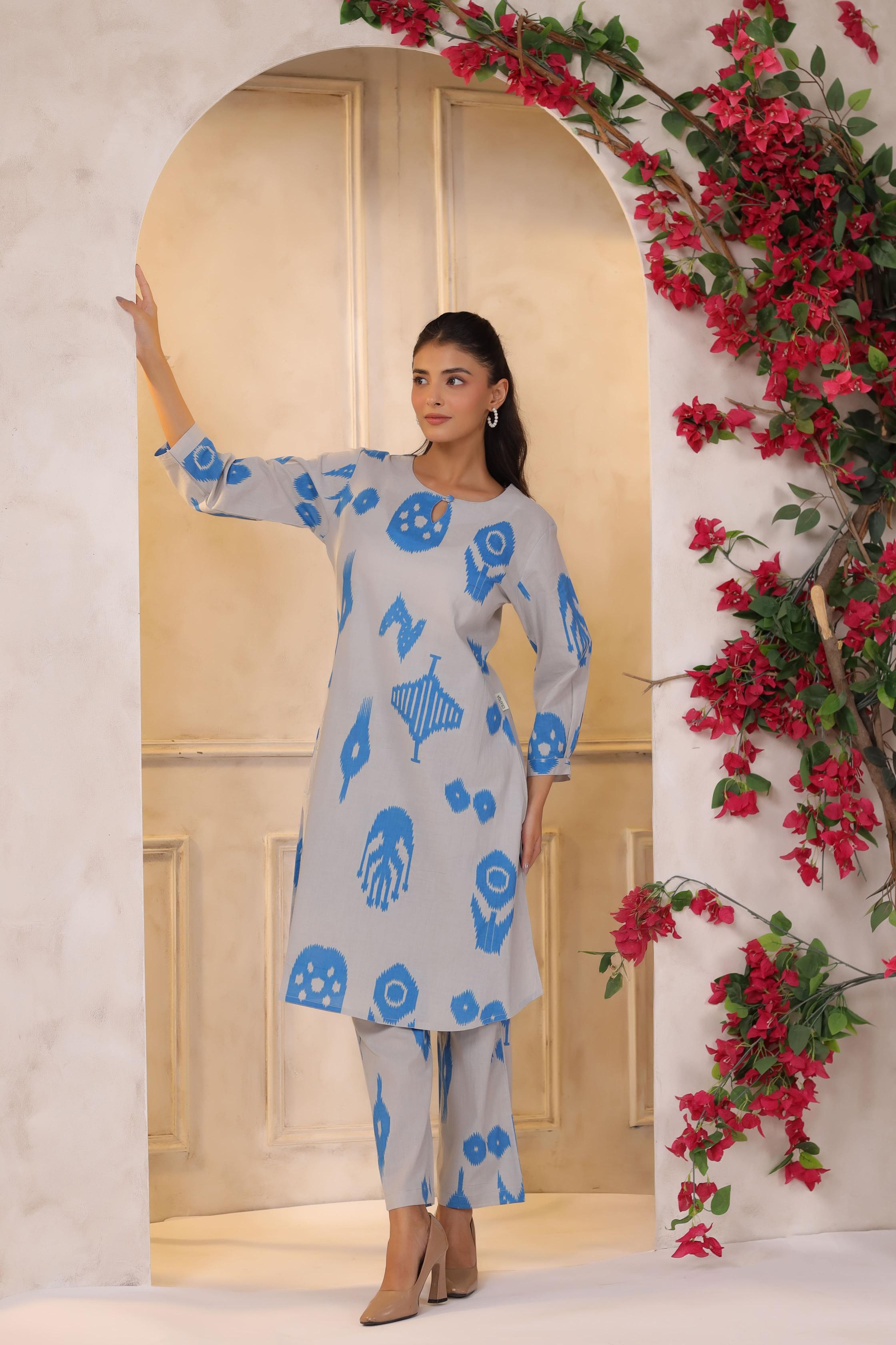 French Grey Classic Ikat Cotton Co-ord Set