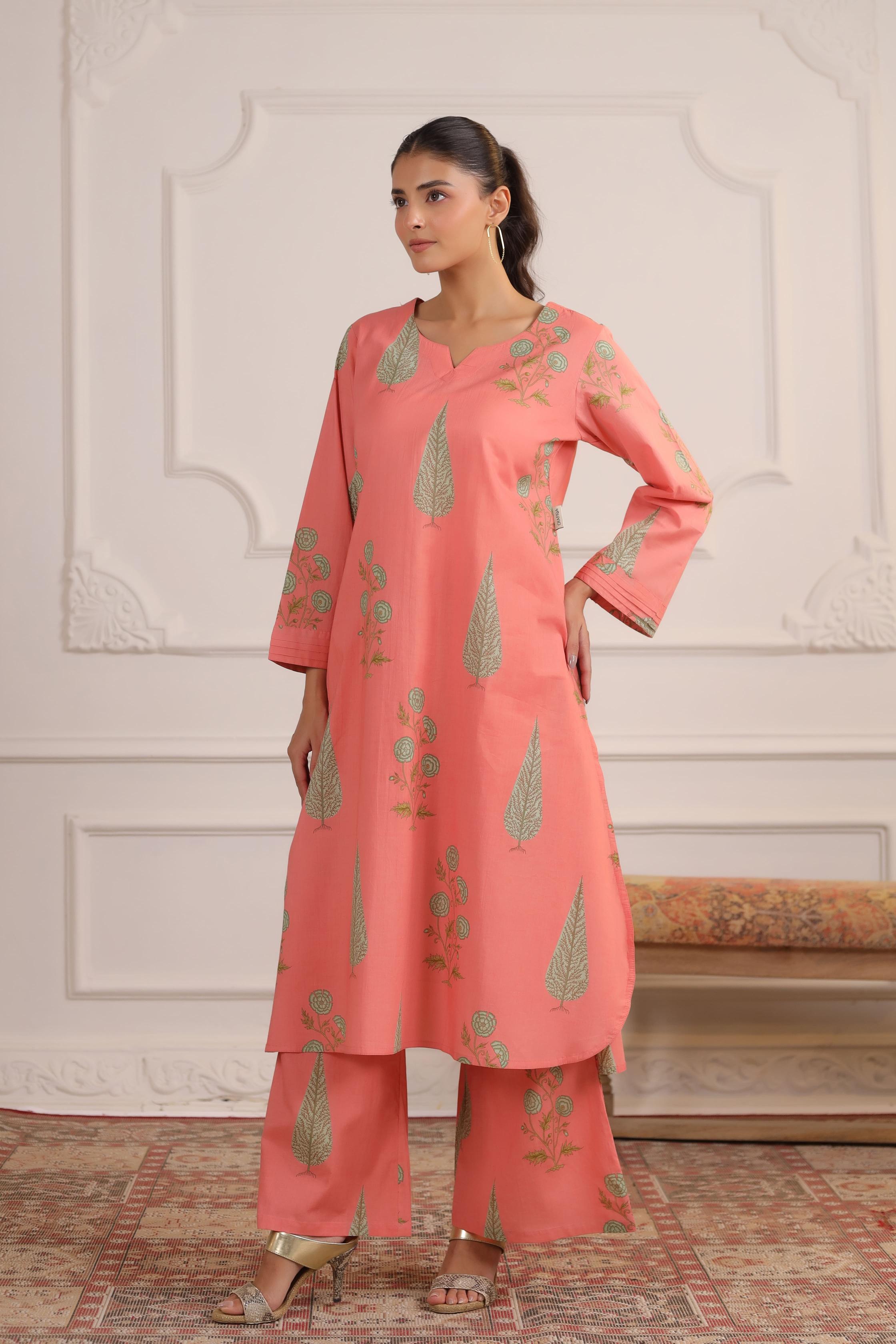 Salmon Peach Mughal BootaCotton Co-ord Set