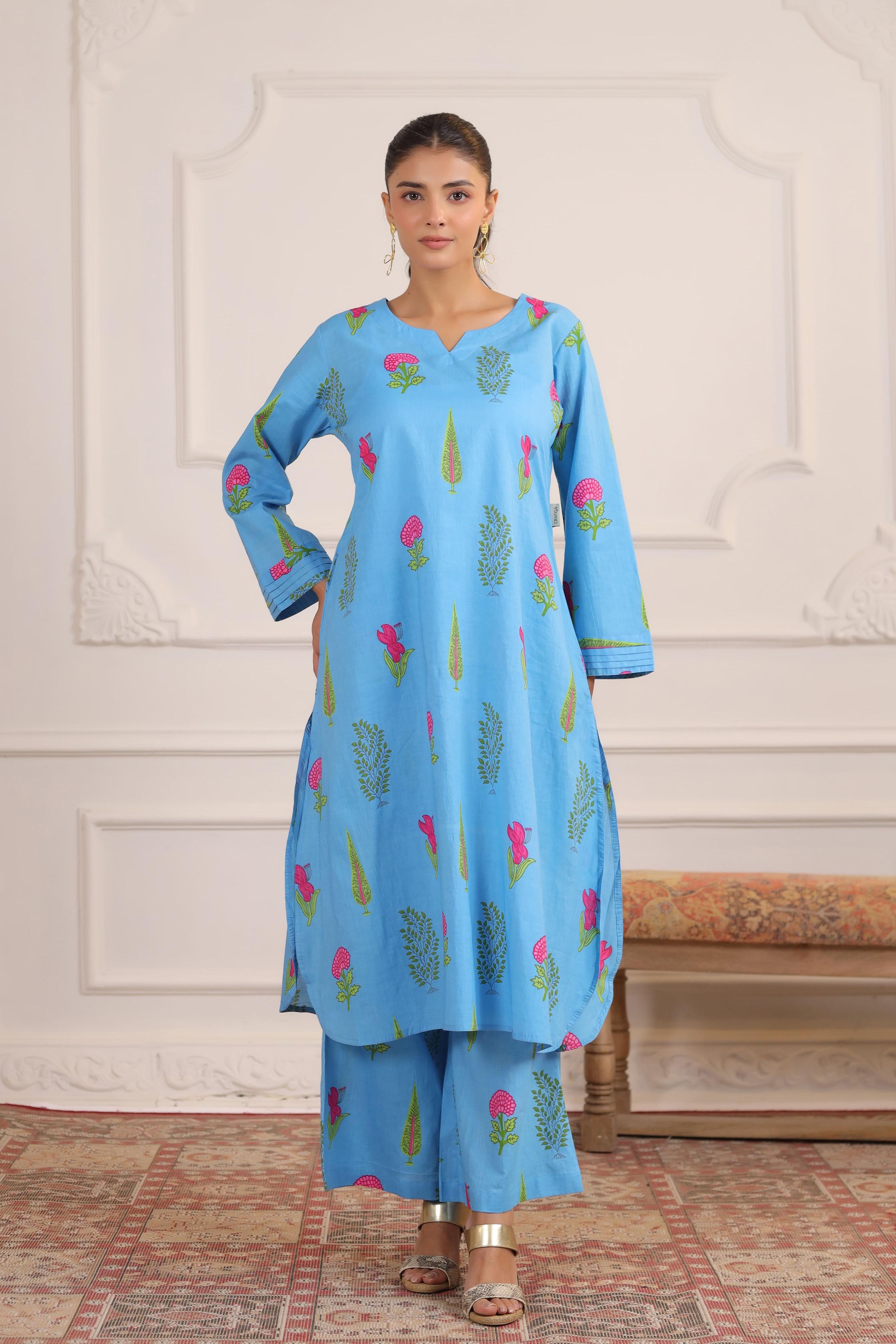 Pastel Blue Mughal Boota Cotton Co-ord Set
