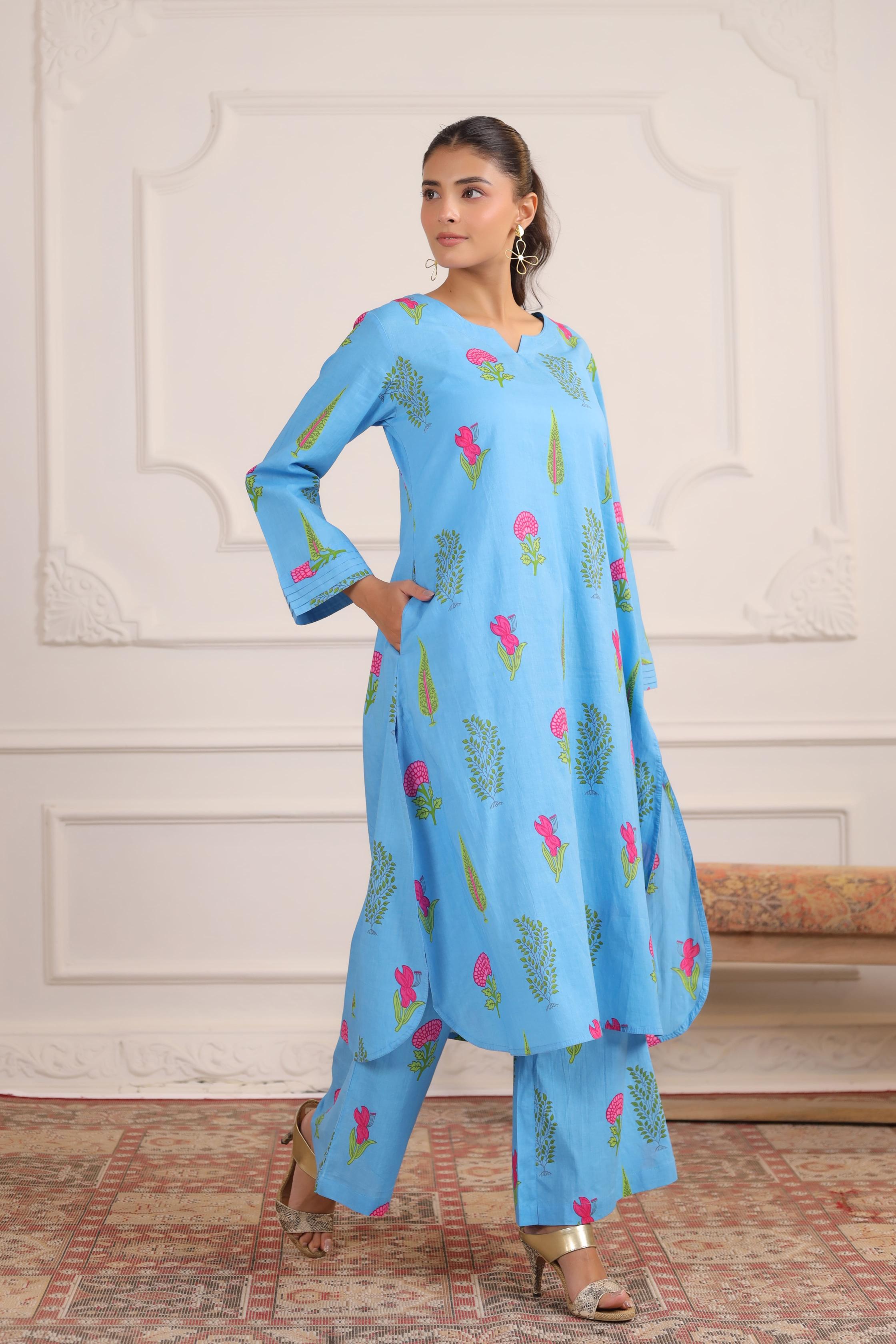 Pastel Blue Mughal Boota Cotton Co-ord Set