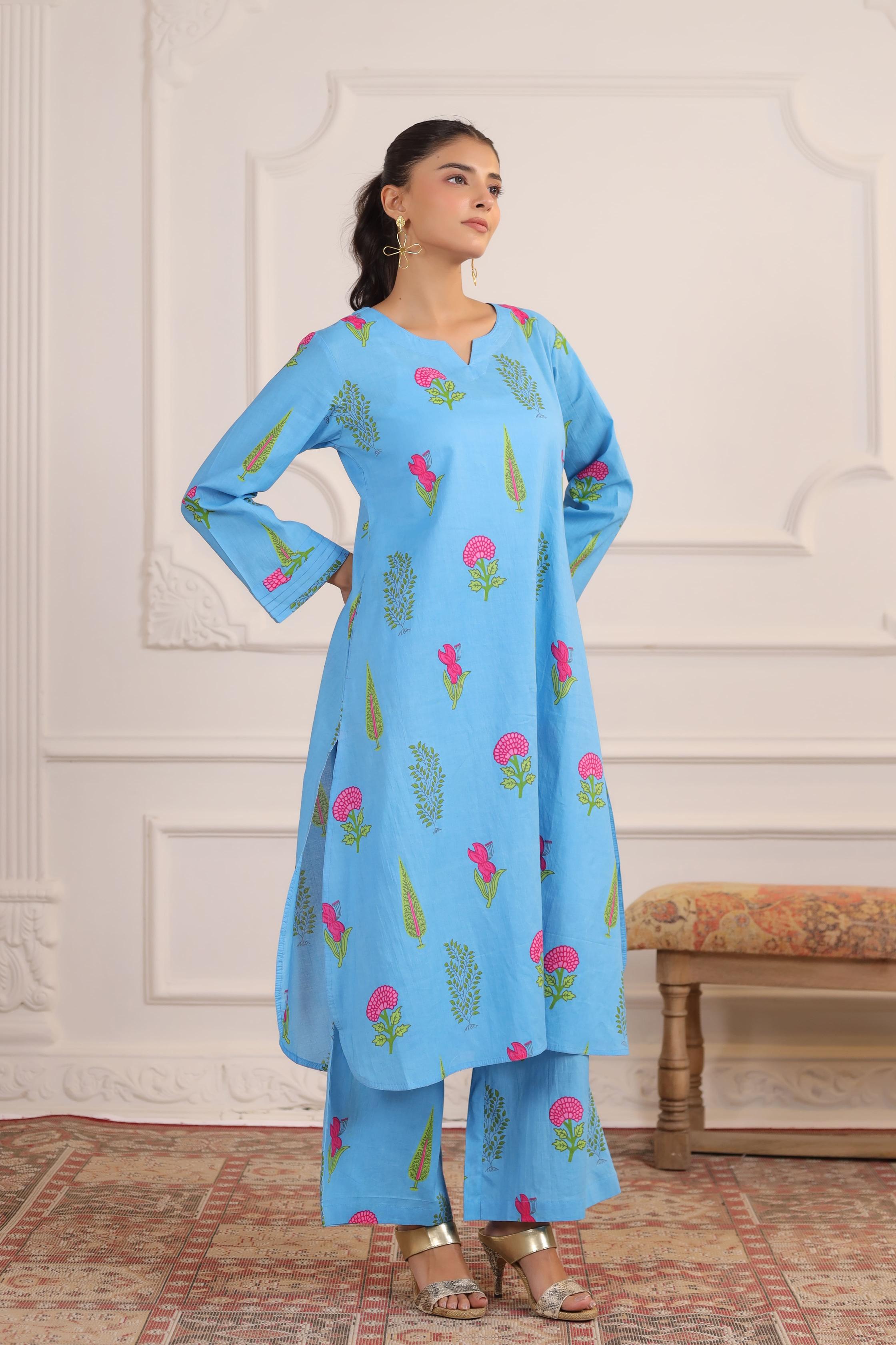 Pastel Blue Mughal Boota Cotton Co-ord Set