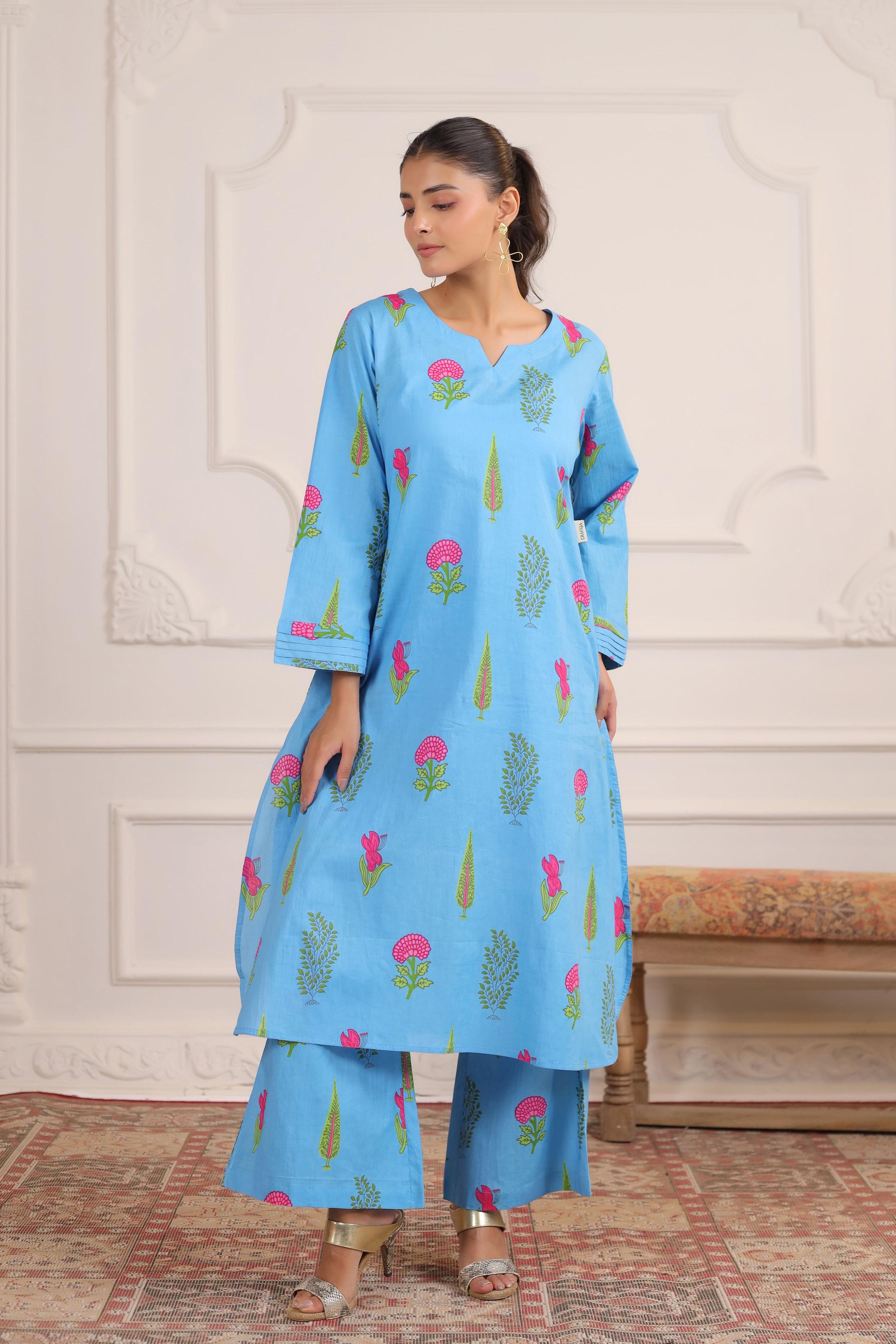 Pastel Blue Mughal Boota Cotton Co-ord Set
