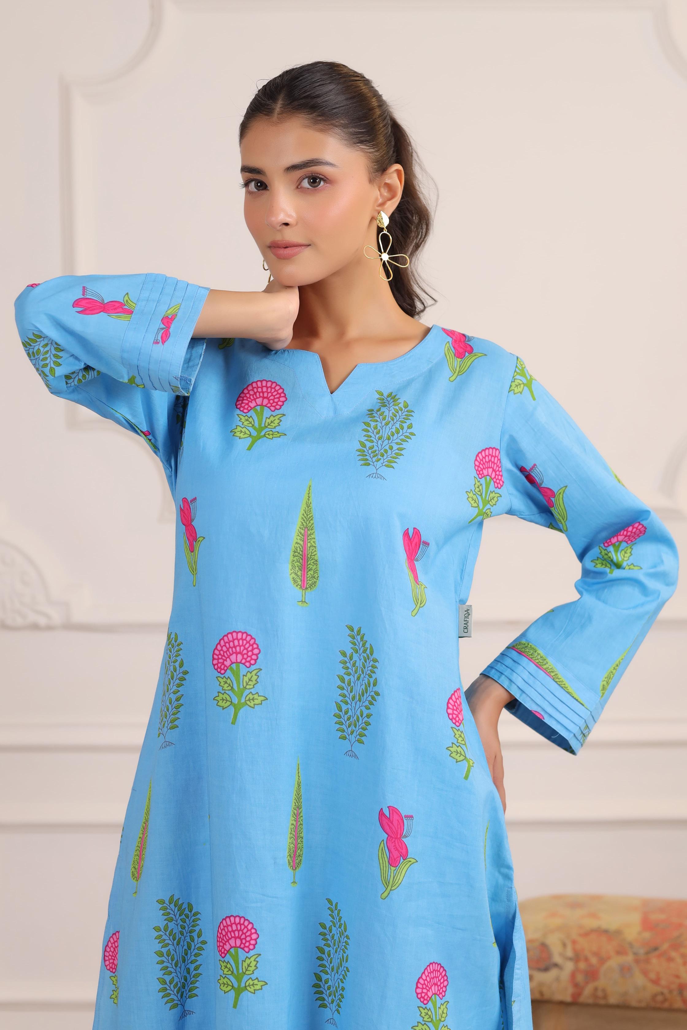 Pastel Blue Mughal Boota Cotton Co-ord Set