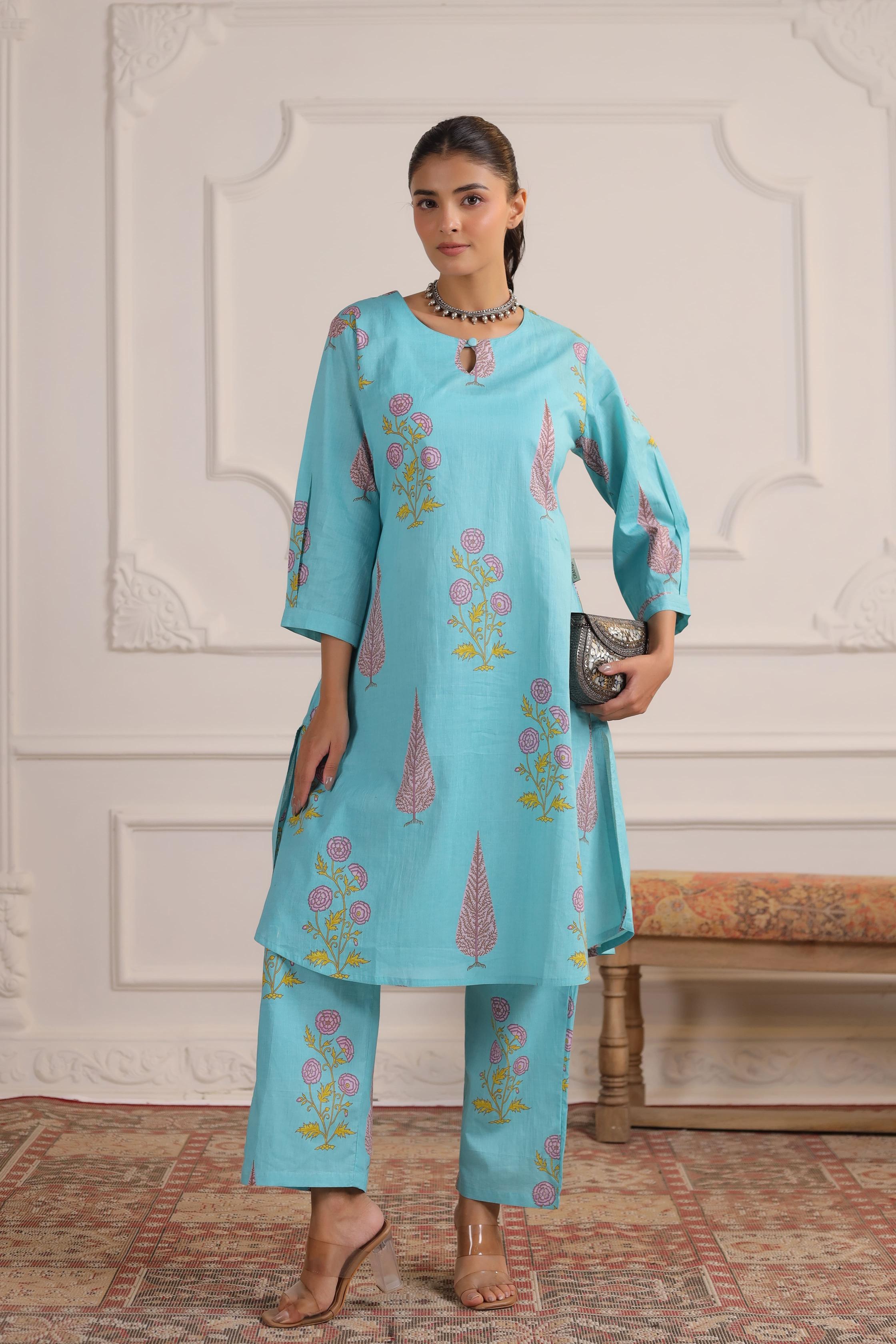 Middle Blue Mughal Boota Cotton Co-ord Set