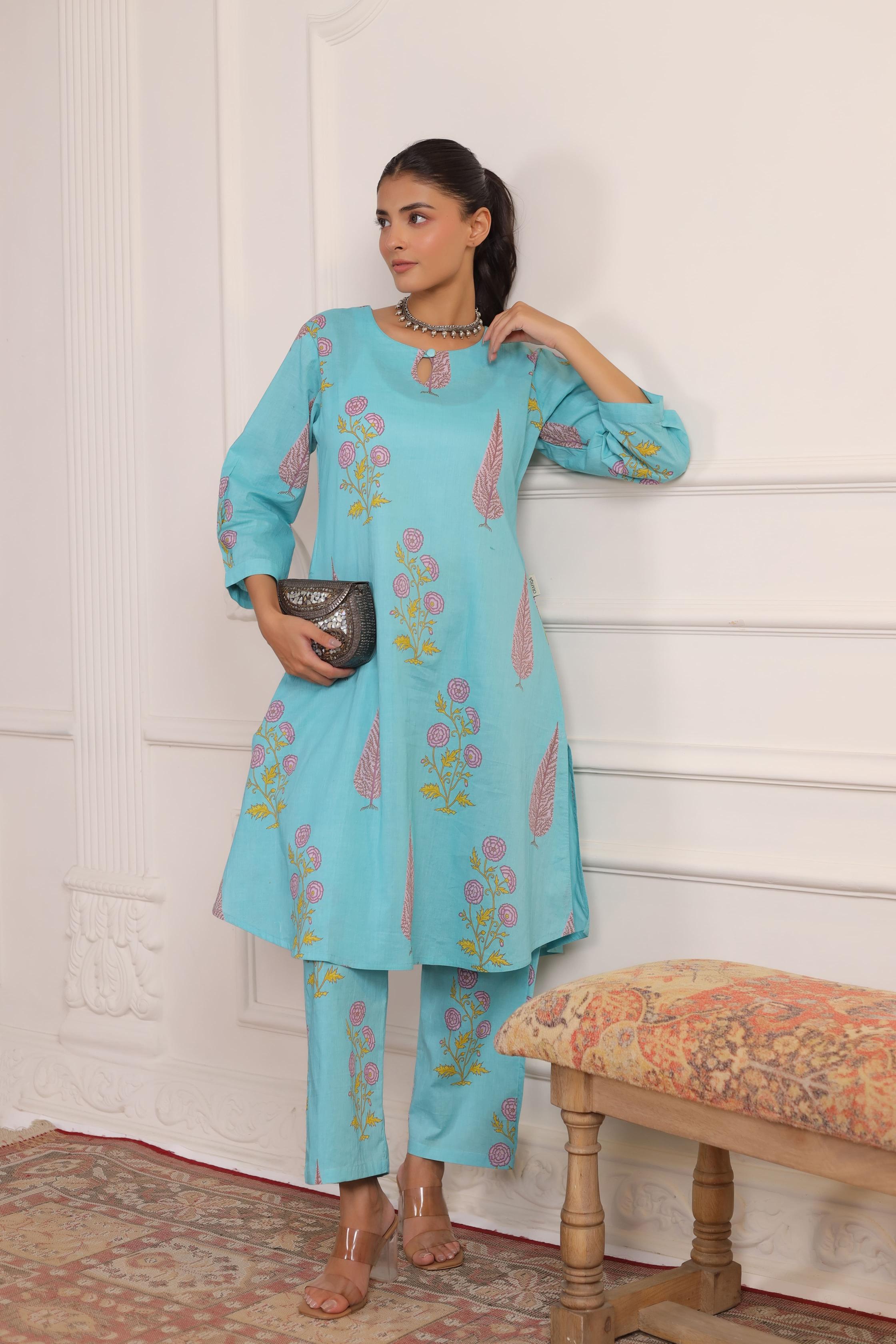Middle Blue Mughal Boota Cotton Co-ord Set