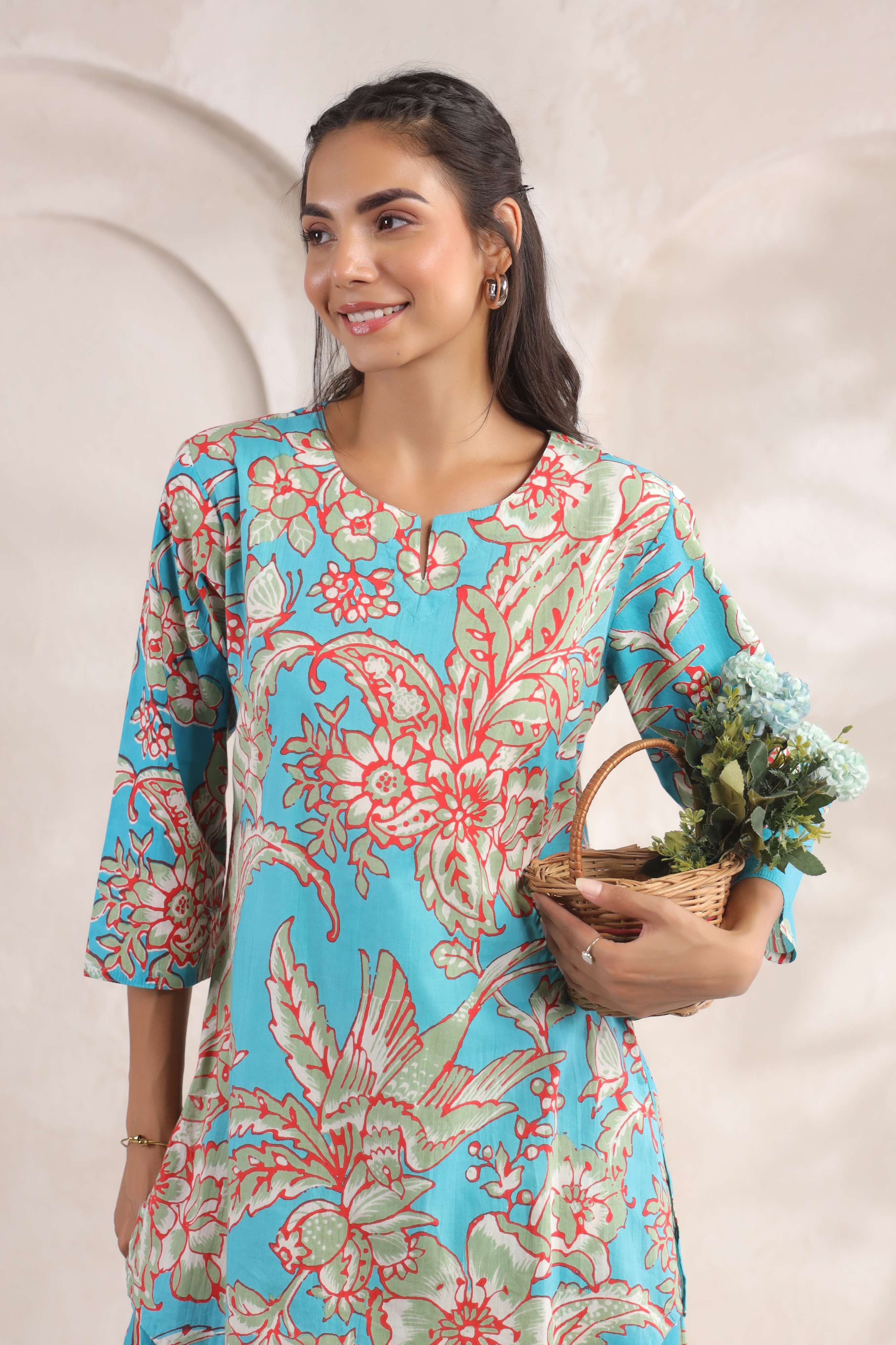 Tropical Blue Floral Cotton Co-ord Set