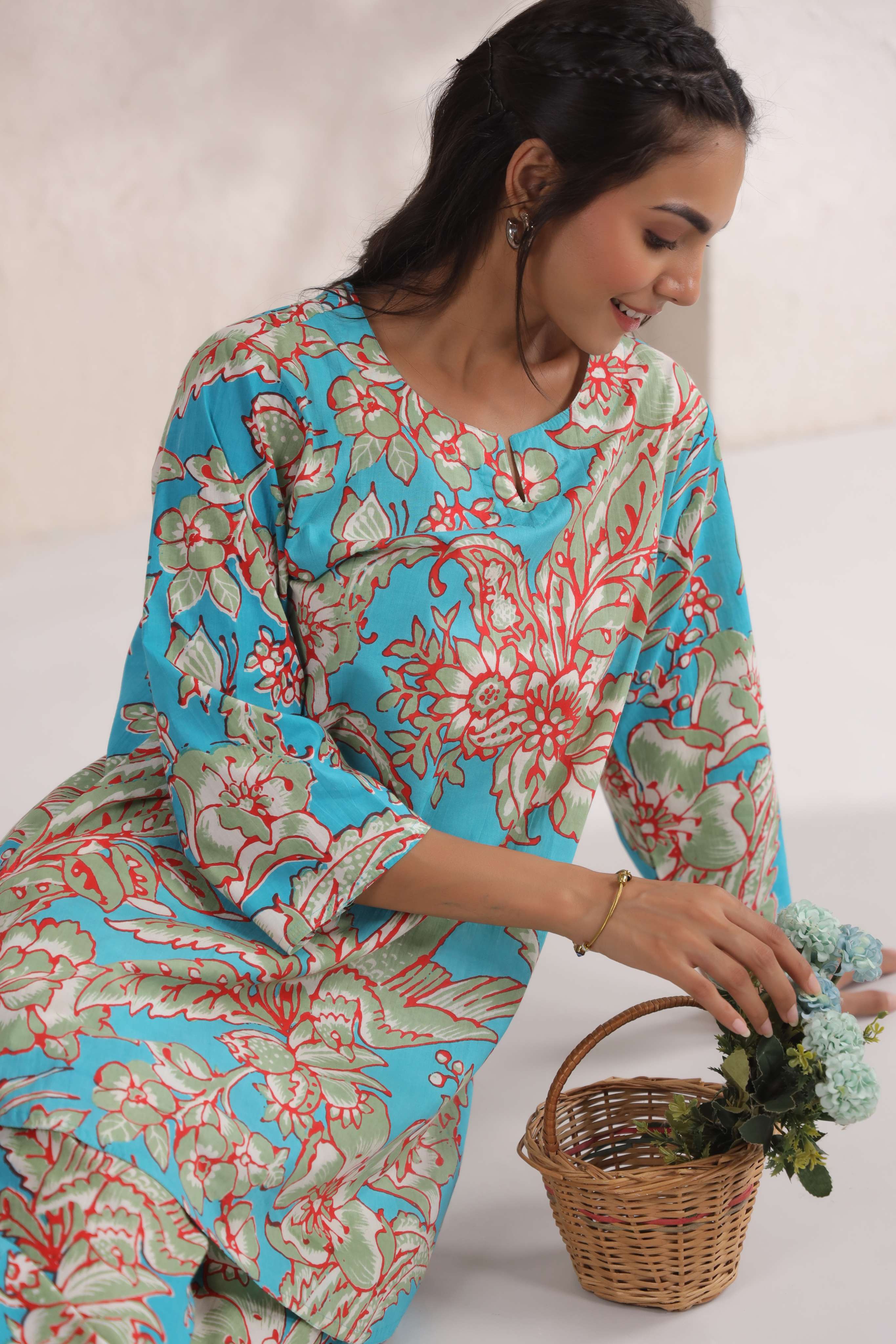 Tropical Blue Floral Cotton Co-ord Set