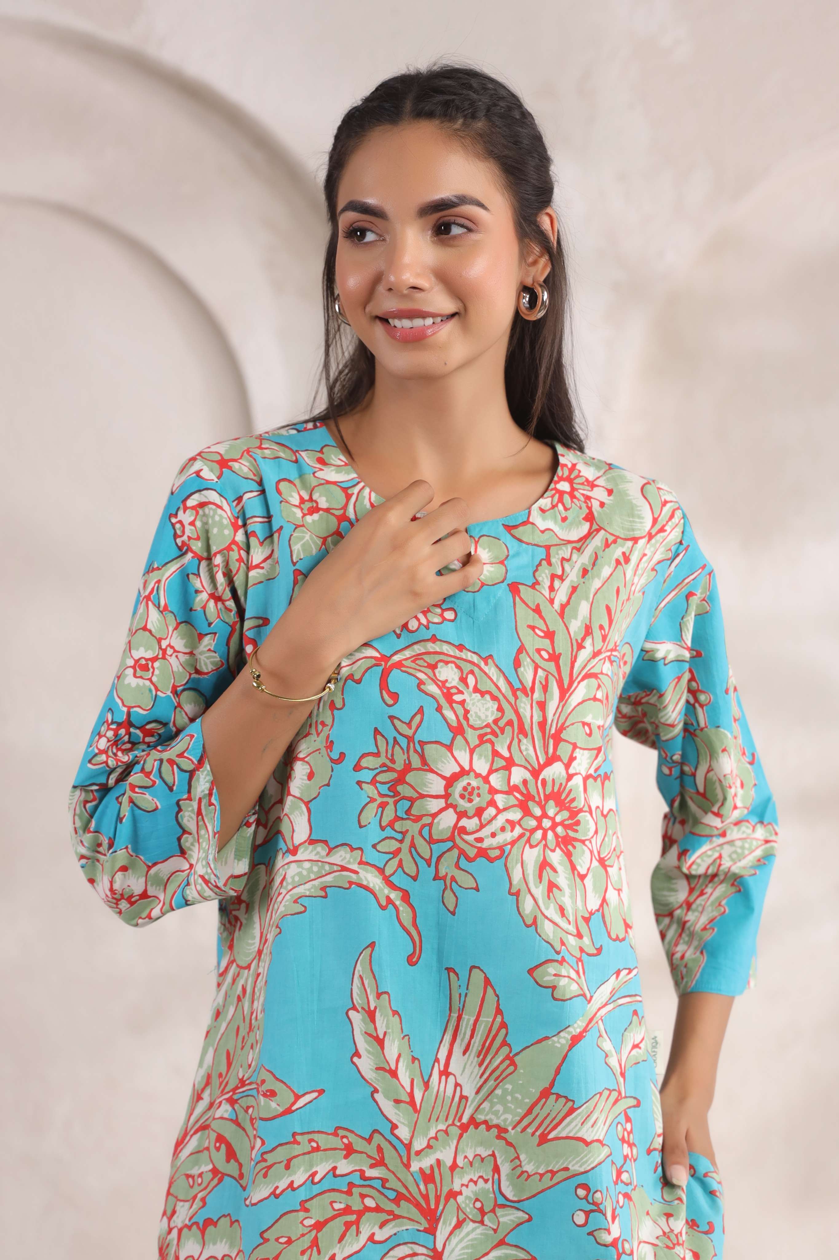 Tropical Blue Floral Cotton Co-ord Set