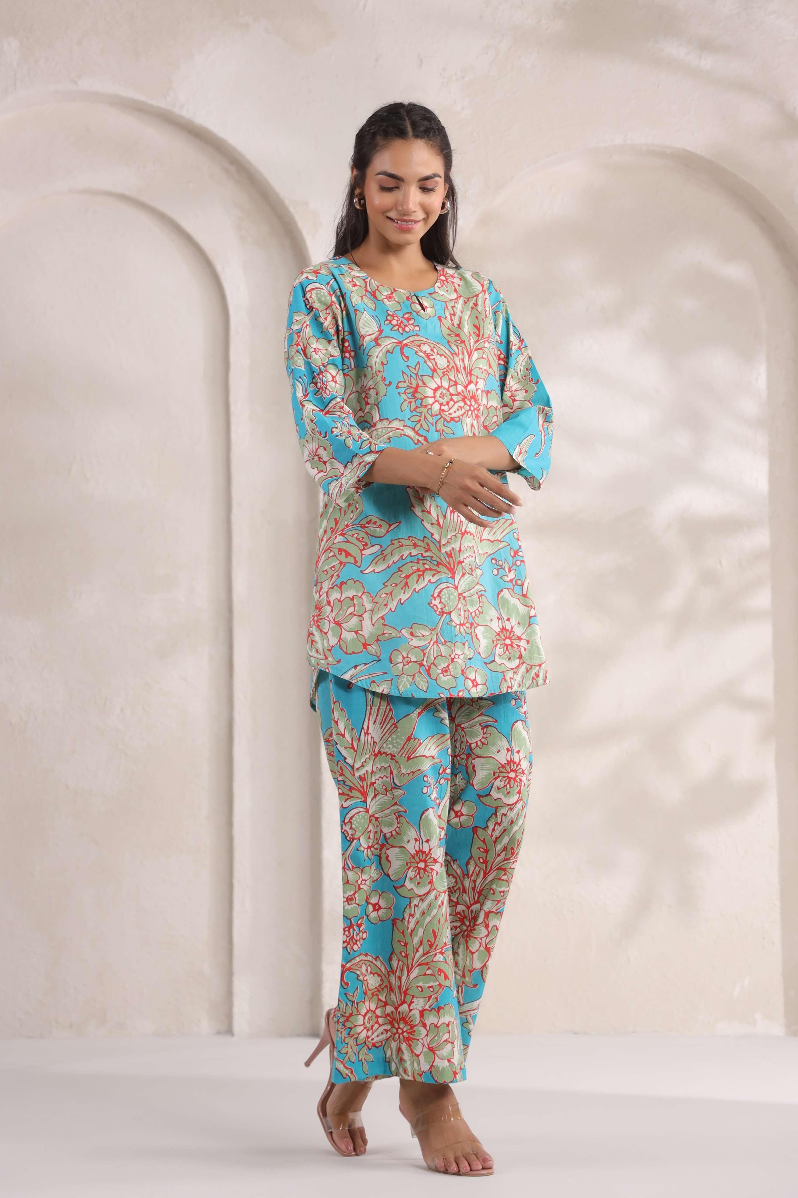 Tropical Blue Floral Cotton Co-ord Set