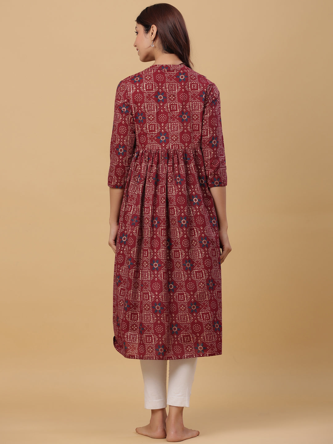 Maroon Oak Gold Motifs Cotton Maternity - Nursing Kurta