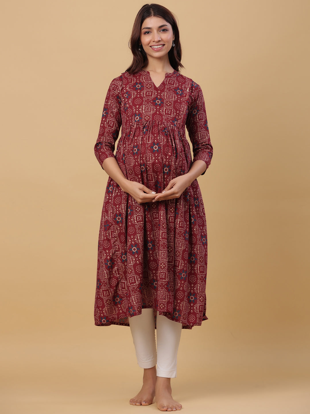 Maroon Oak Gold Motifs Cotton Maternity - Nursing Kurta