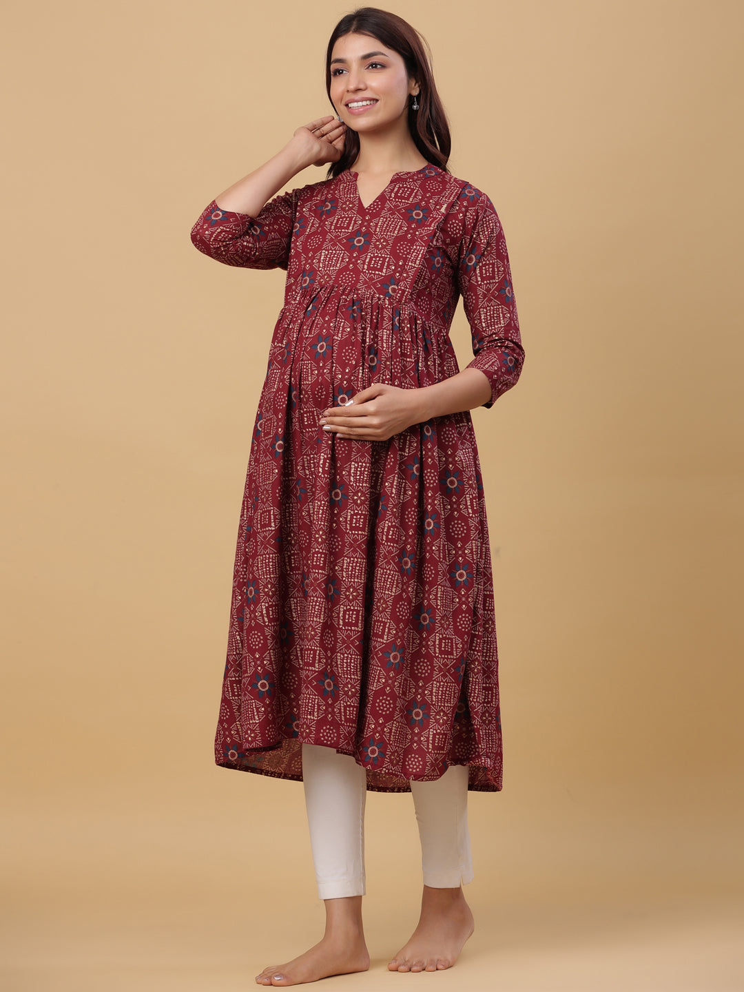 Maroon Oak Gold Motifs Cotton Maternity - Nursing Kurta