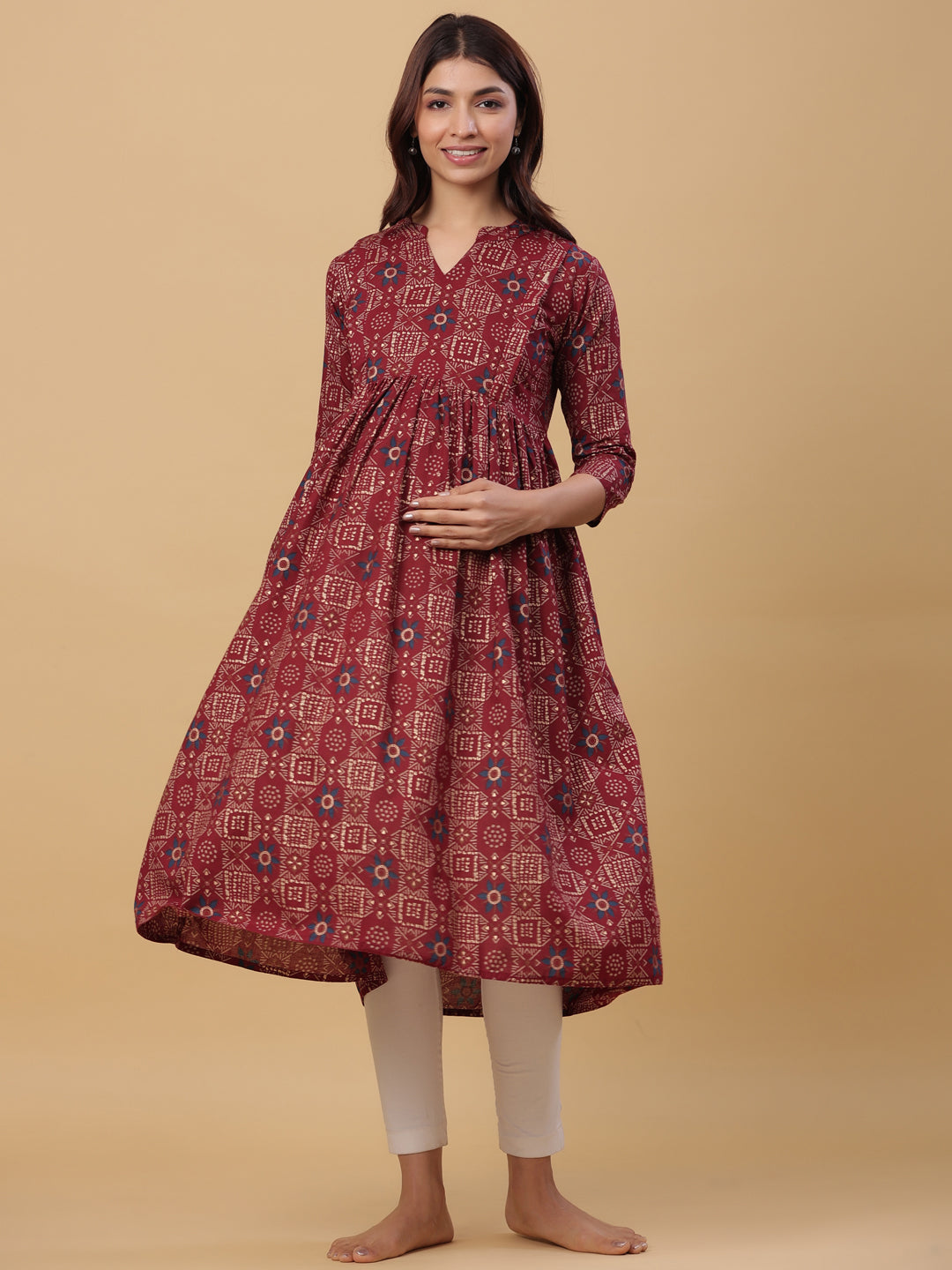 Maroon Oak Gold Motifs Cotton Maternity - Nursing Kurta