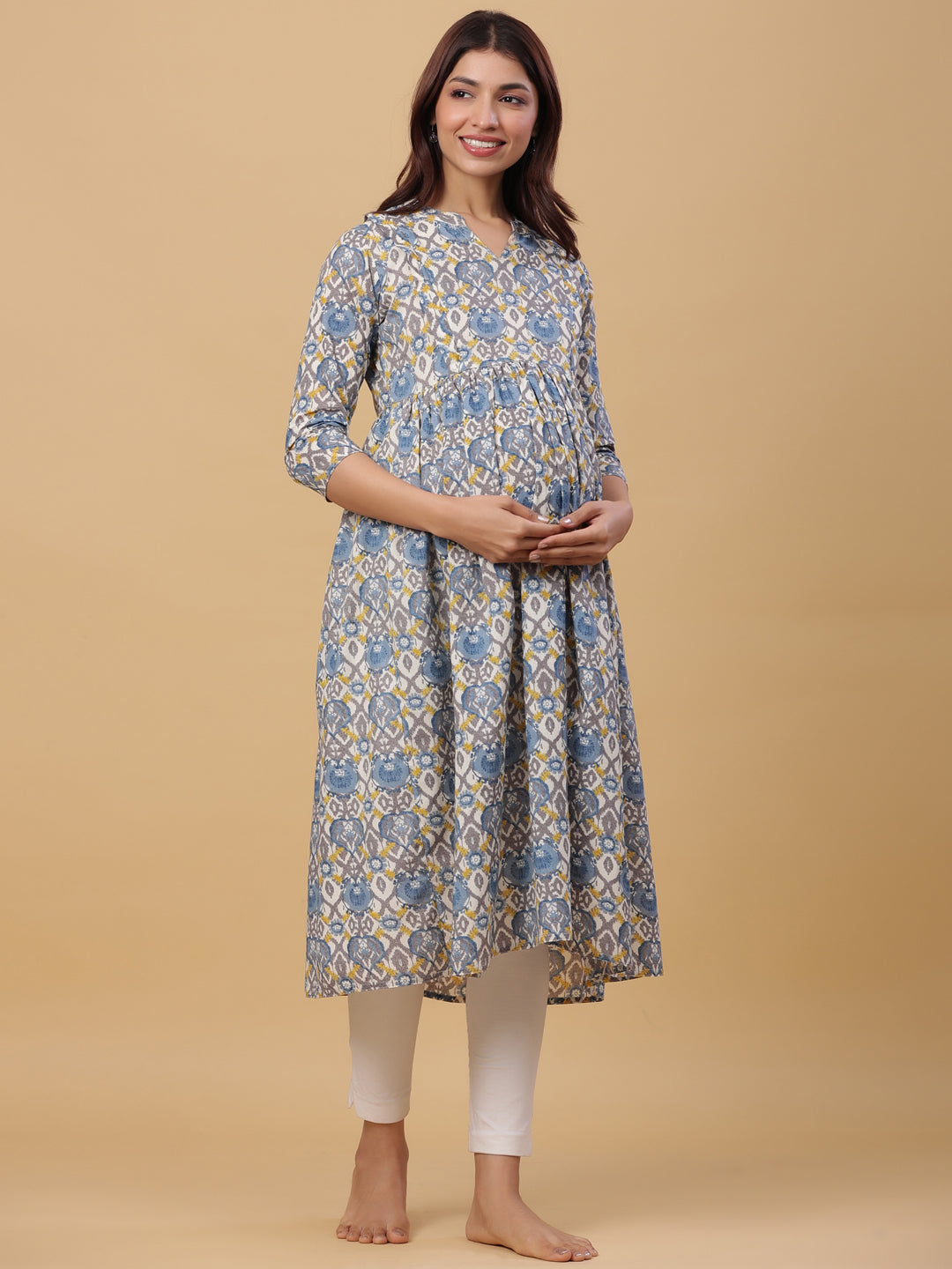 Ice Blue Cotton Maternity - Nursing Kurta