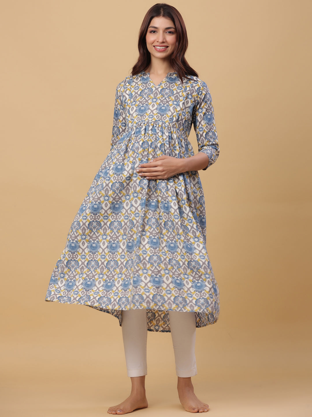 Ice Blue Cotton Maternity - Nursing Kurta