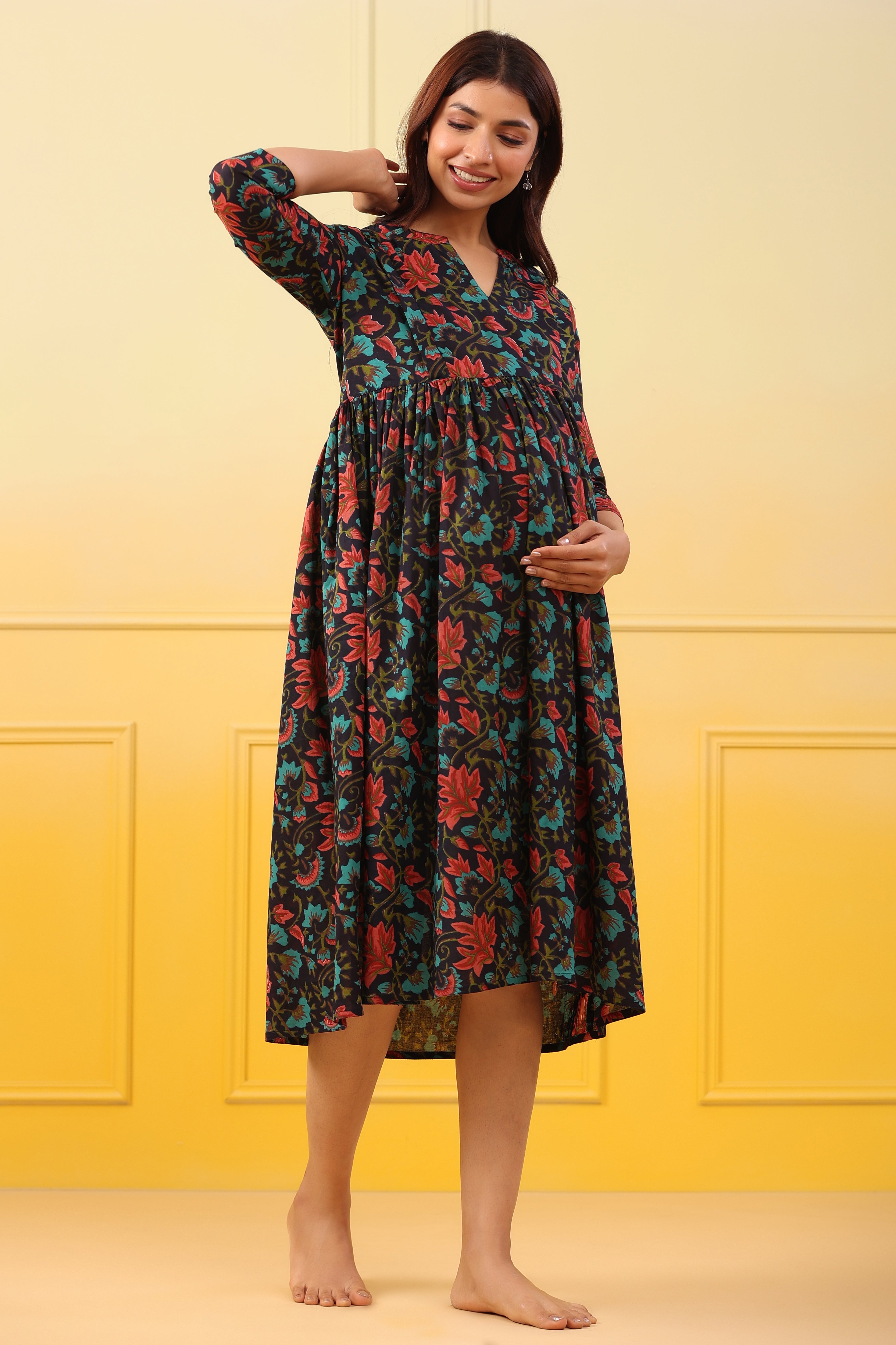 Prismatic Floral Cotton Maternity - Nursing Dress