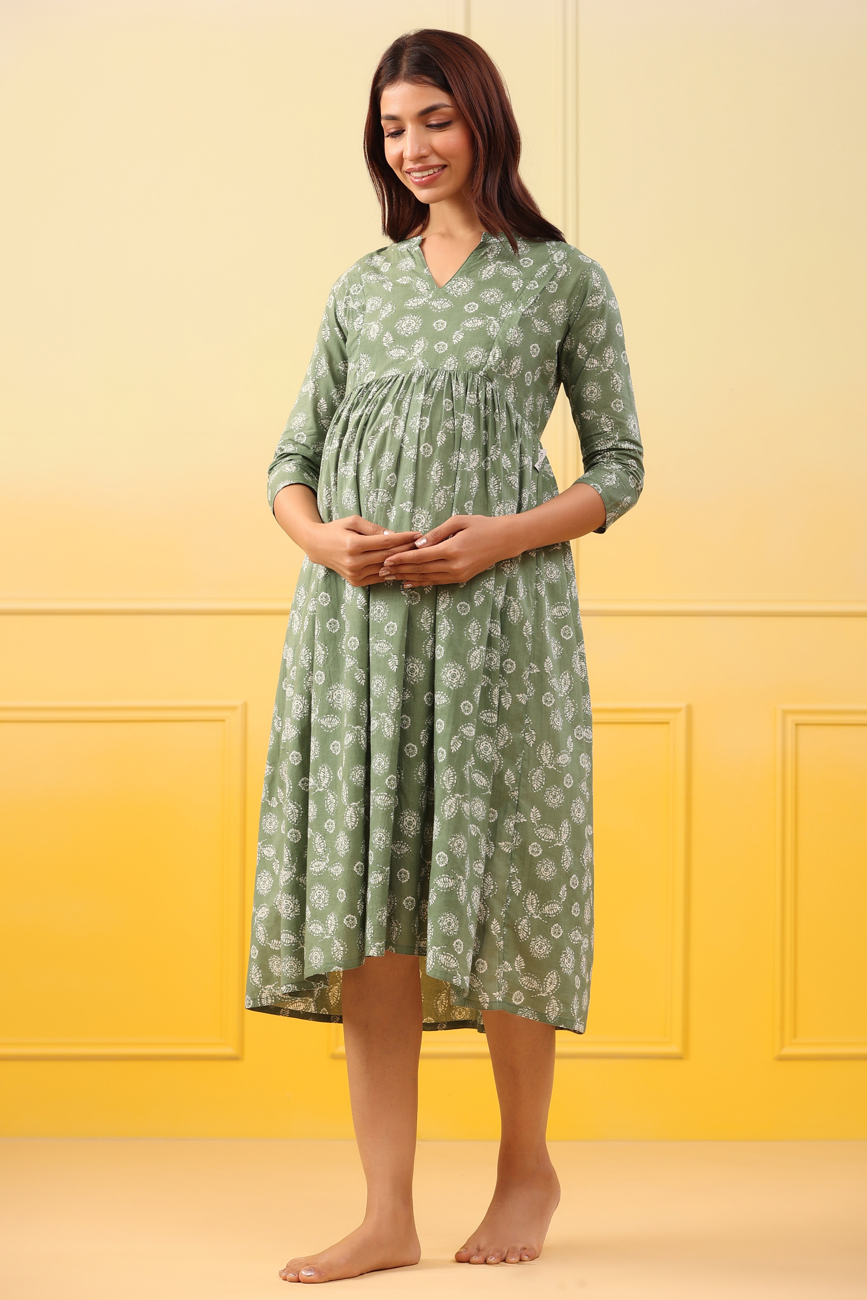 Sage Leaf Cotton Maternity - Nursing Dress