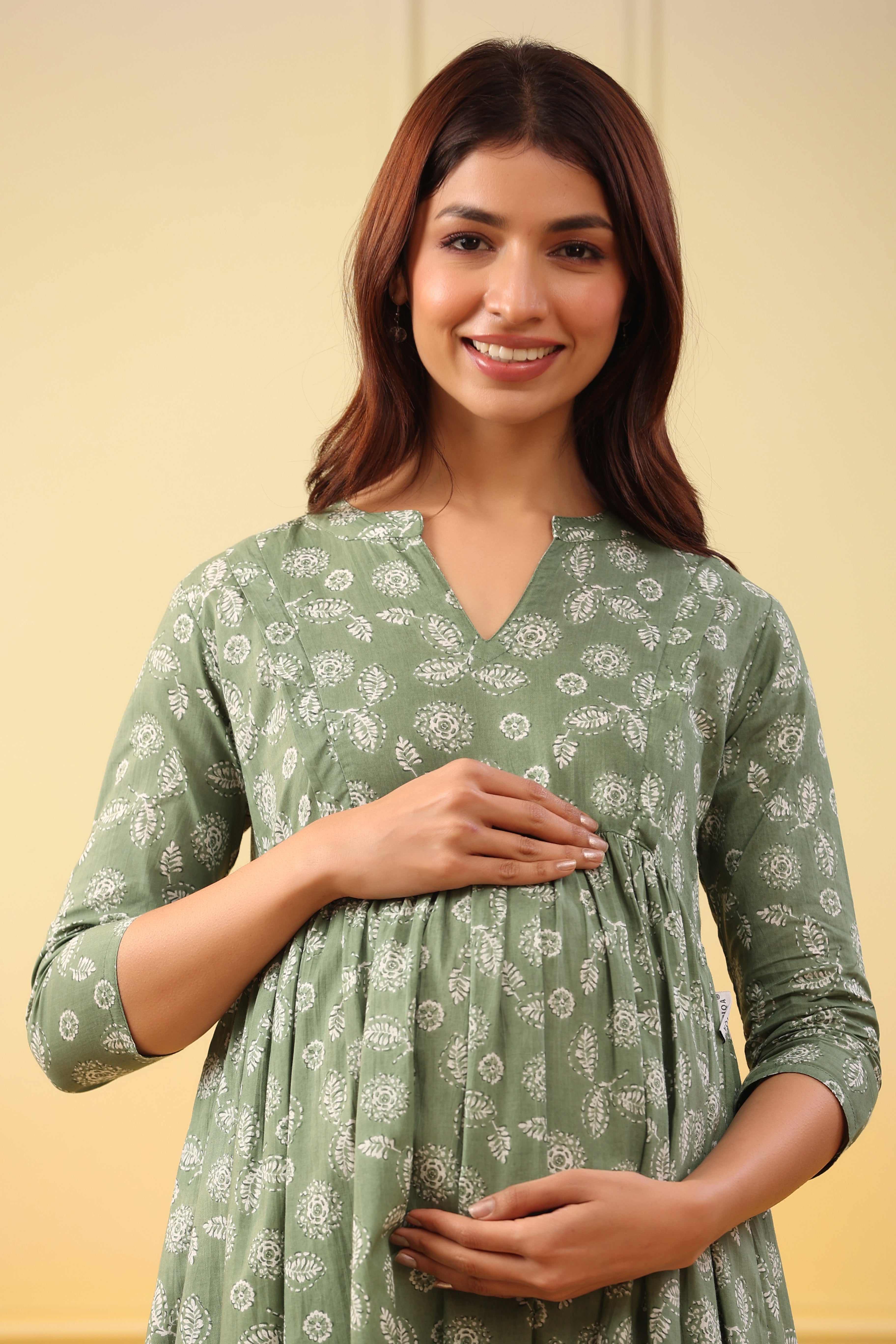 Sage Leaf Cotton Maternity - Nursing Dress