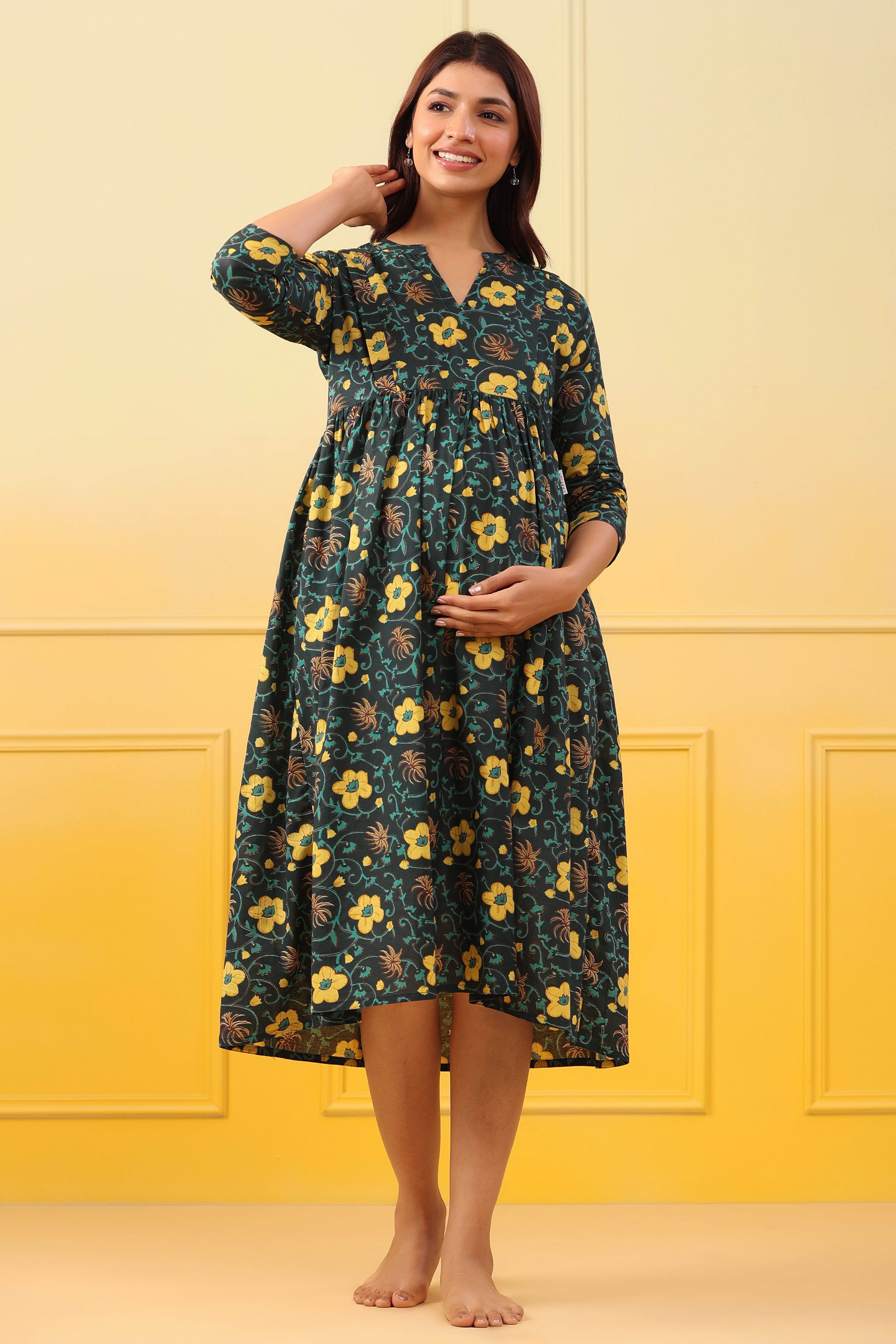 Blossom Green Cotton Maternity - Nursing Dress
