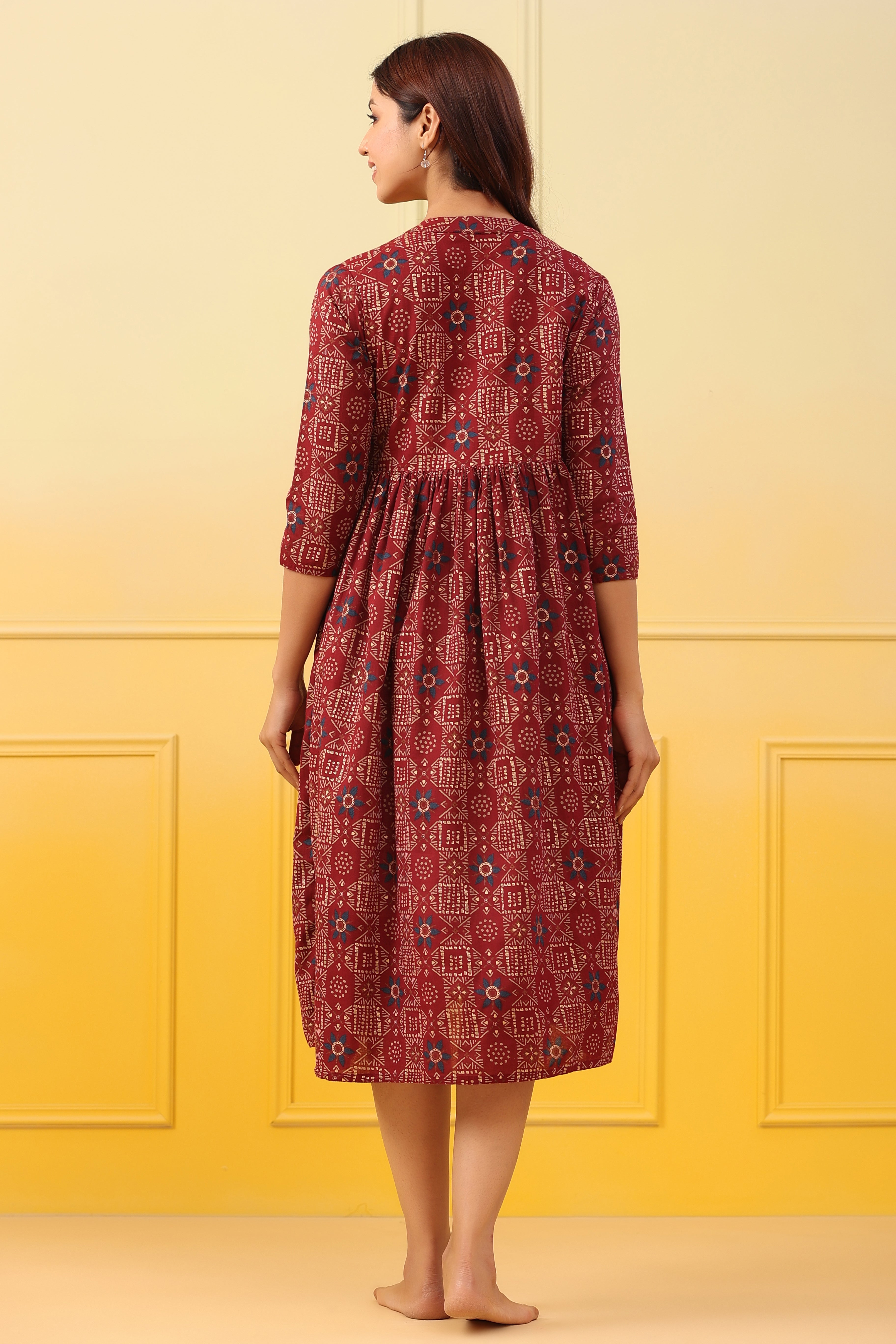 Maroon Oak Gold Motifs Cotton Maternity - Nursing Dress