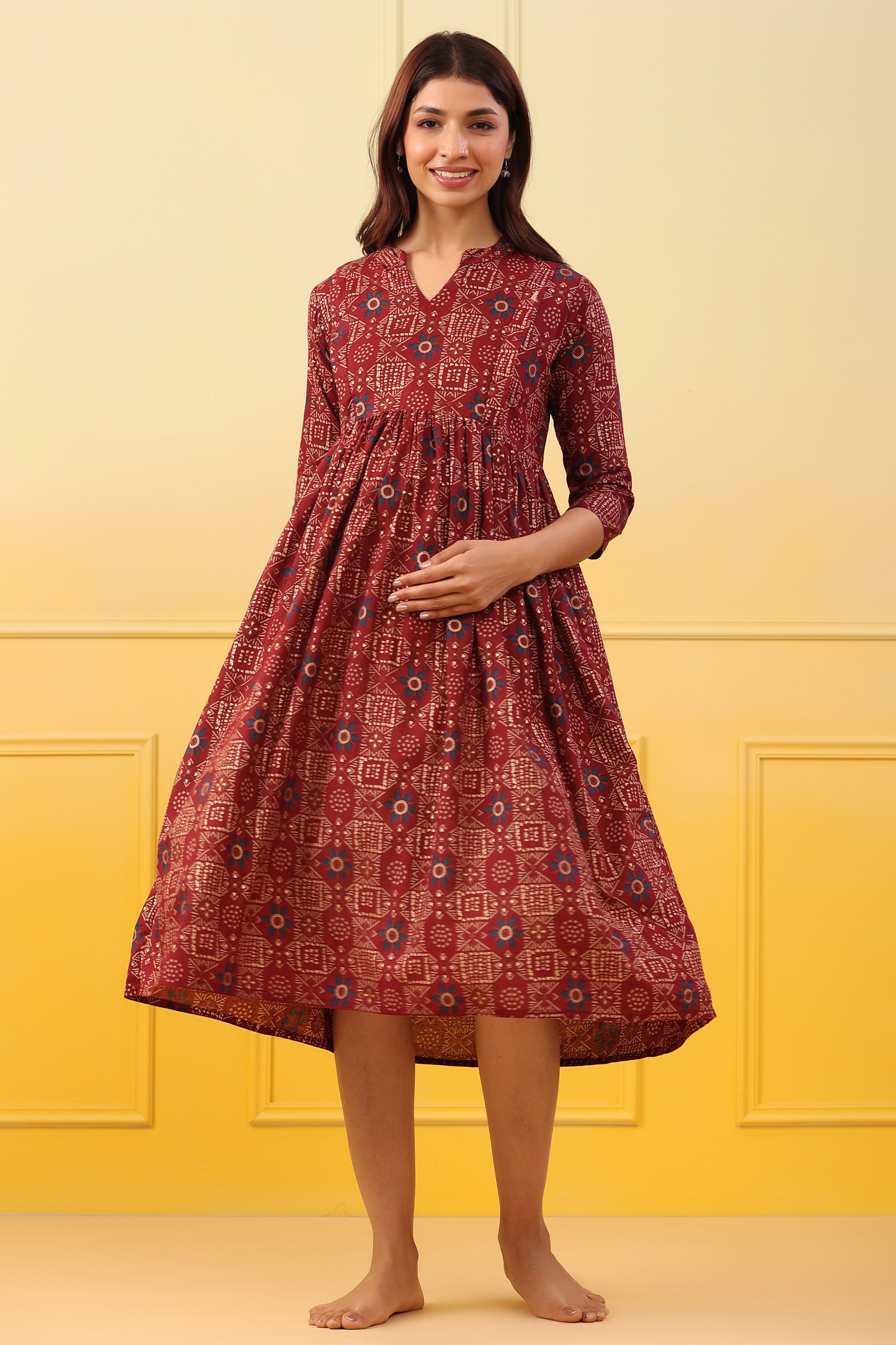 Maroon Oak Gold Motifs Cotton Maternity - Nursing Dress