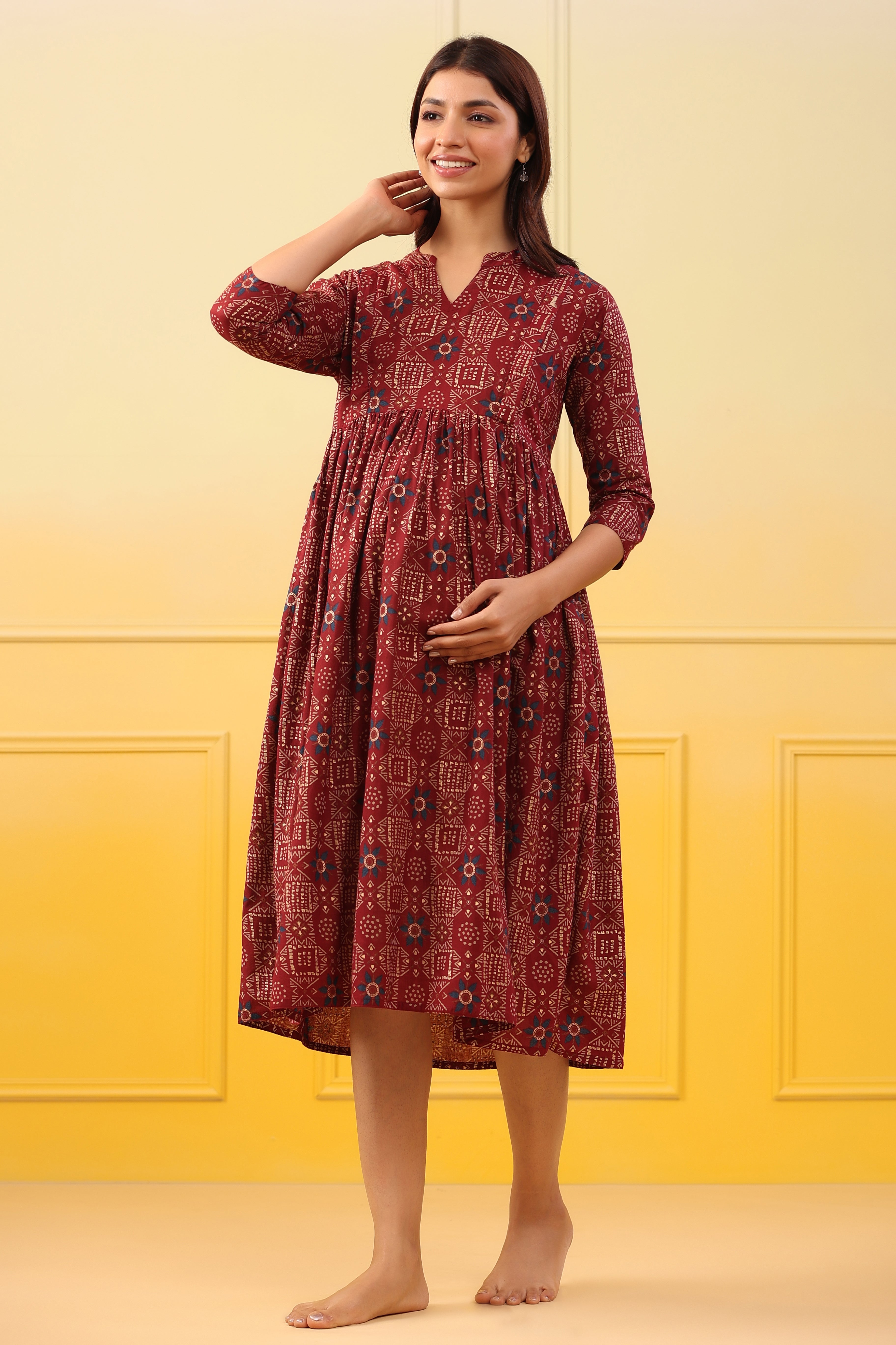Maroon Oak Gold Motifs Cotton Maternity - Nursing Dress