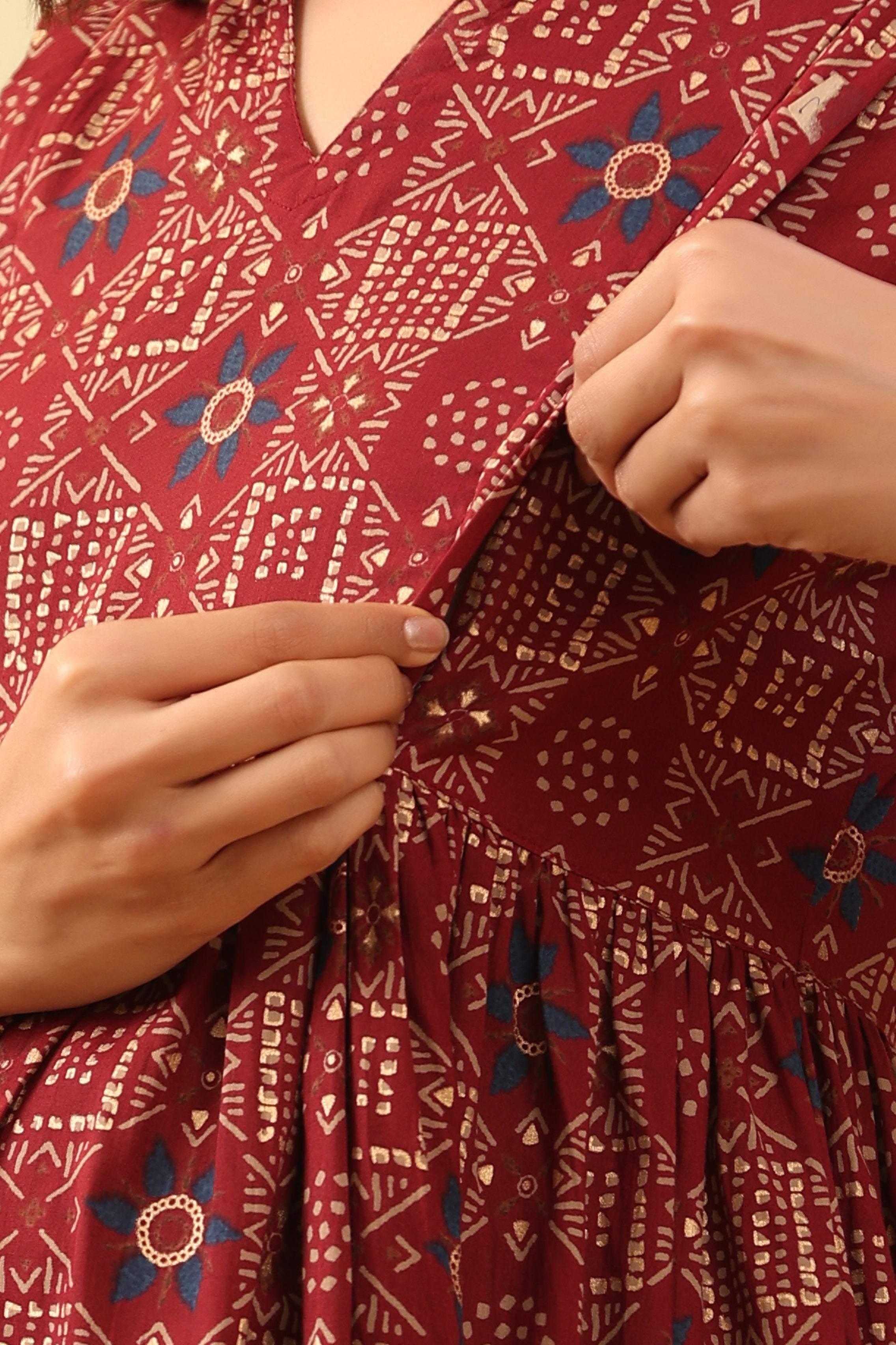 Maroon Oak Gold Motifs Cotton Maternity - Nursing Dress
