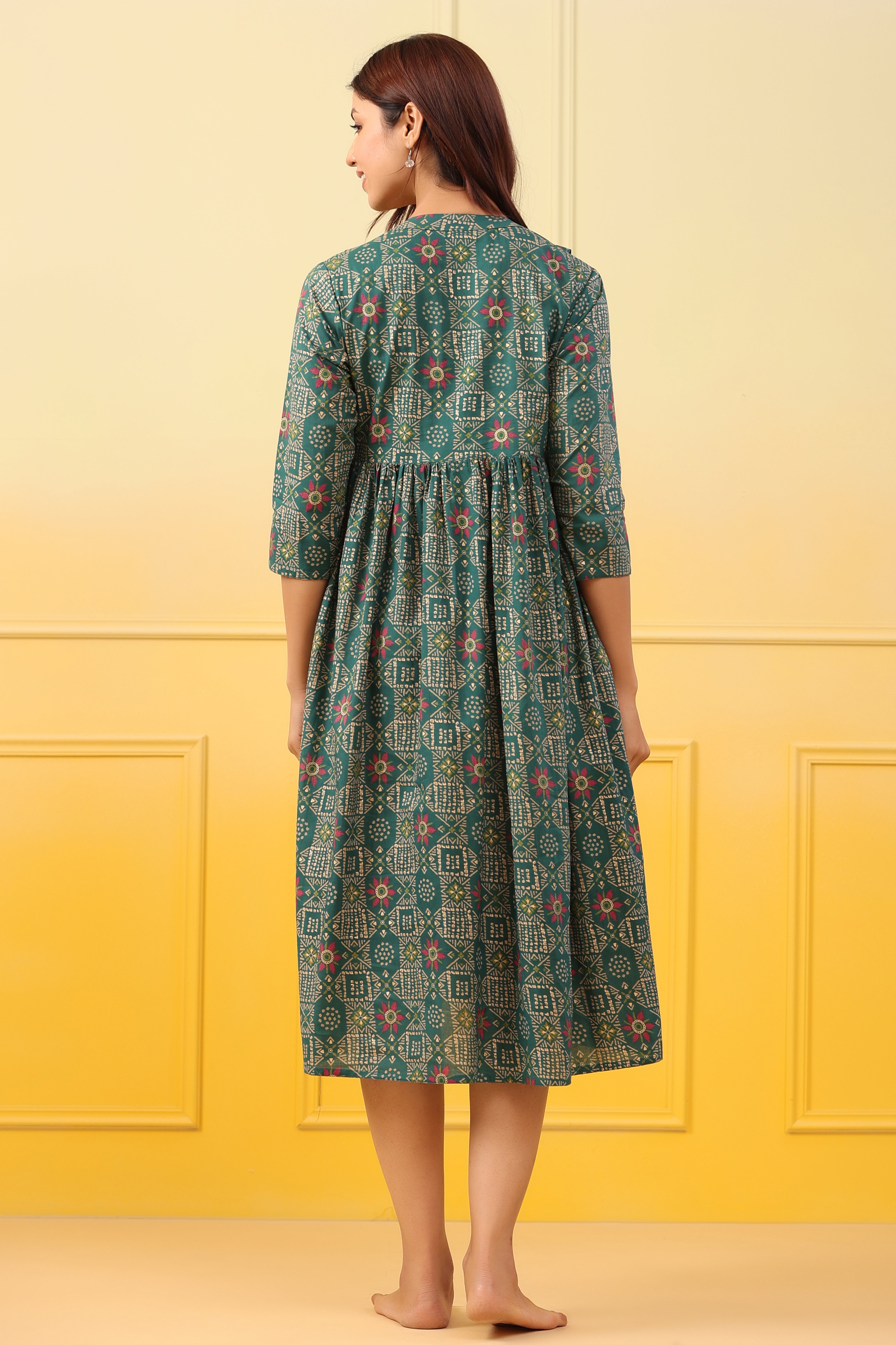 Emerald Gold Motifs Cotton Maternity - Nursing Dress