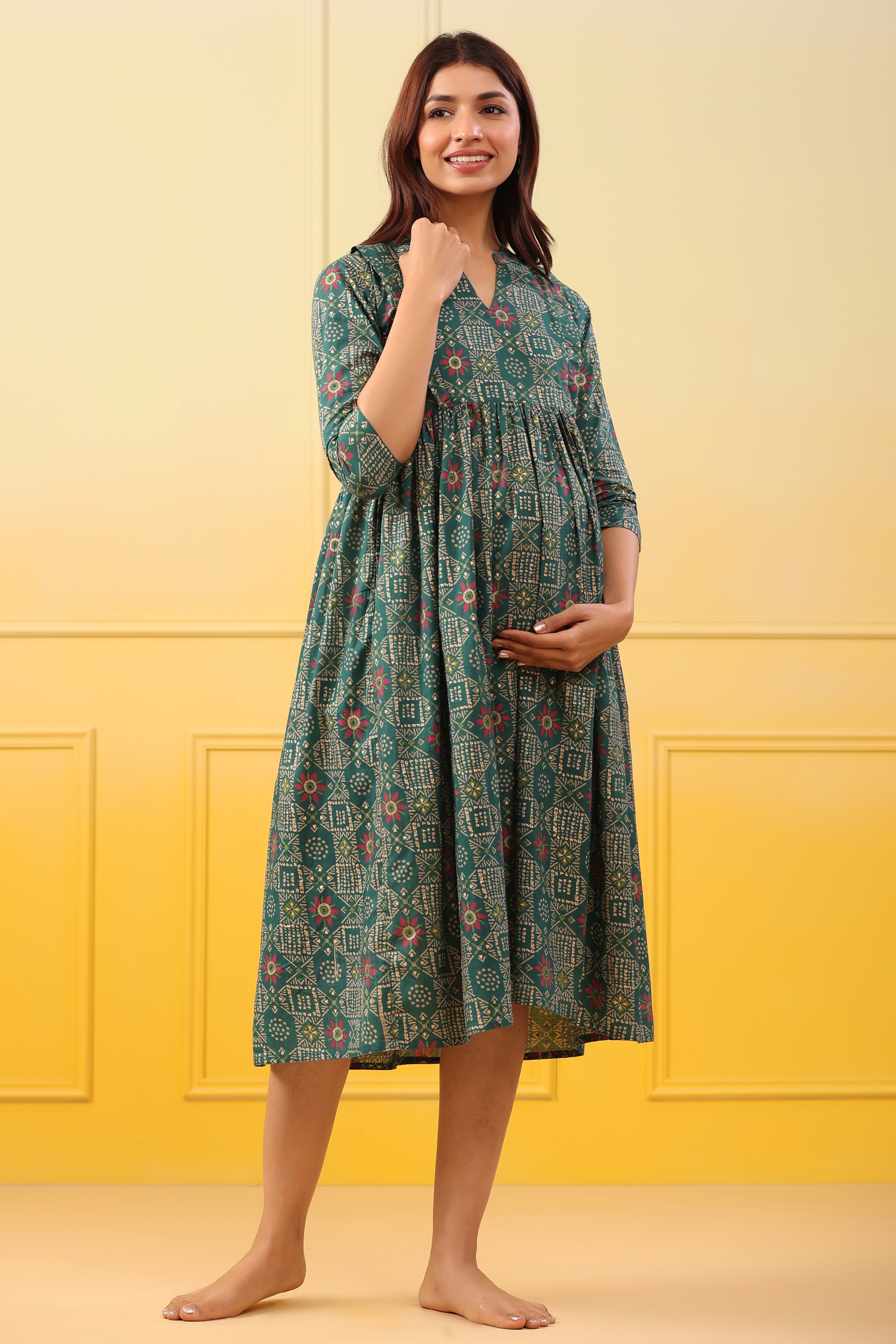 Emerald Gold Motifs Cotton Maternity - Nursing Dress