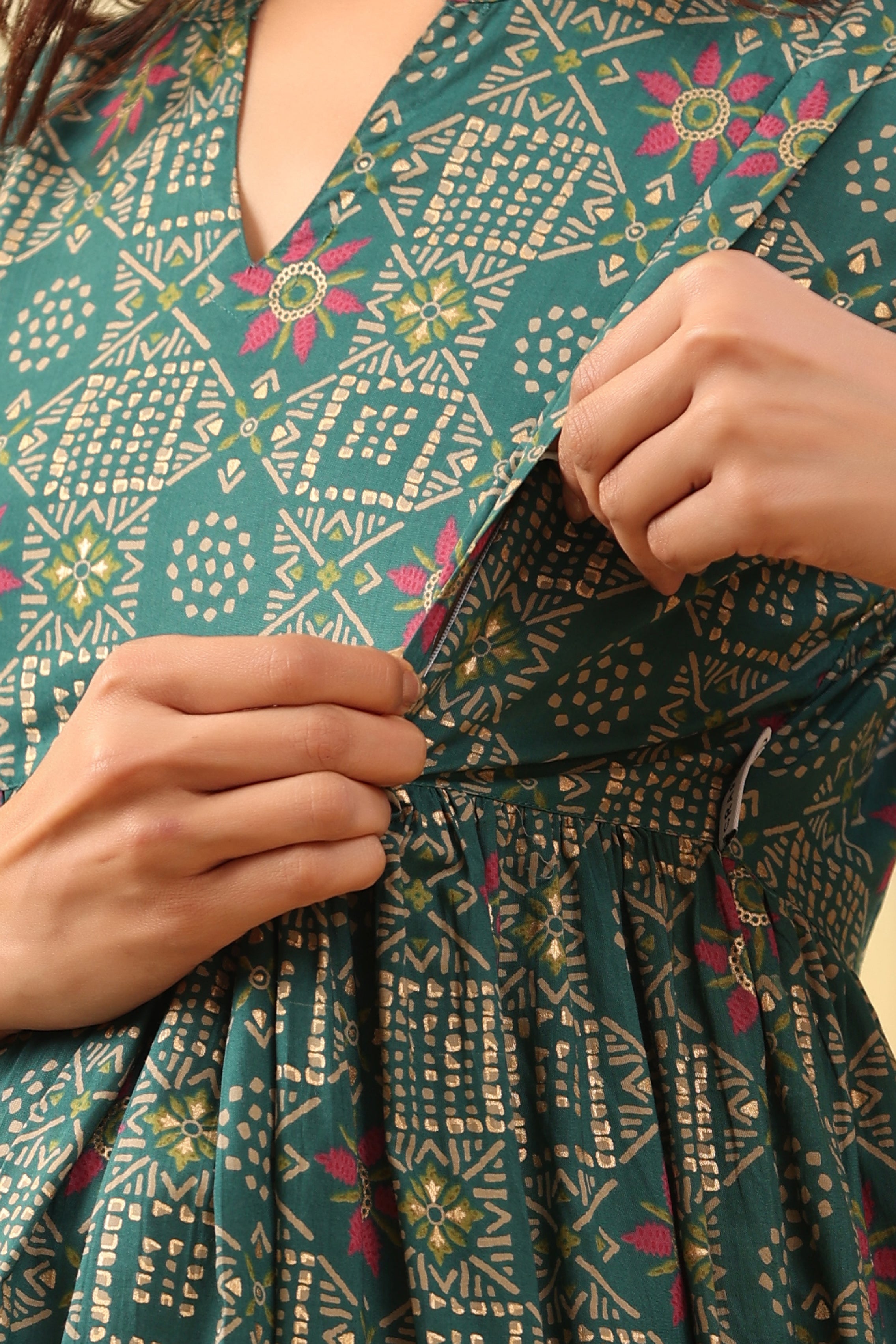 Emerald Gold Motifs Cotton Maternity - Nursing Dress