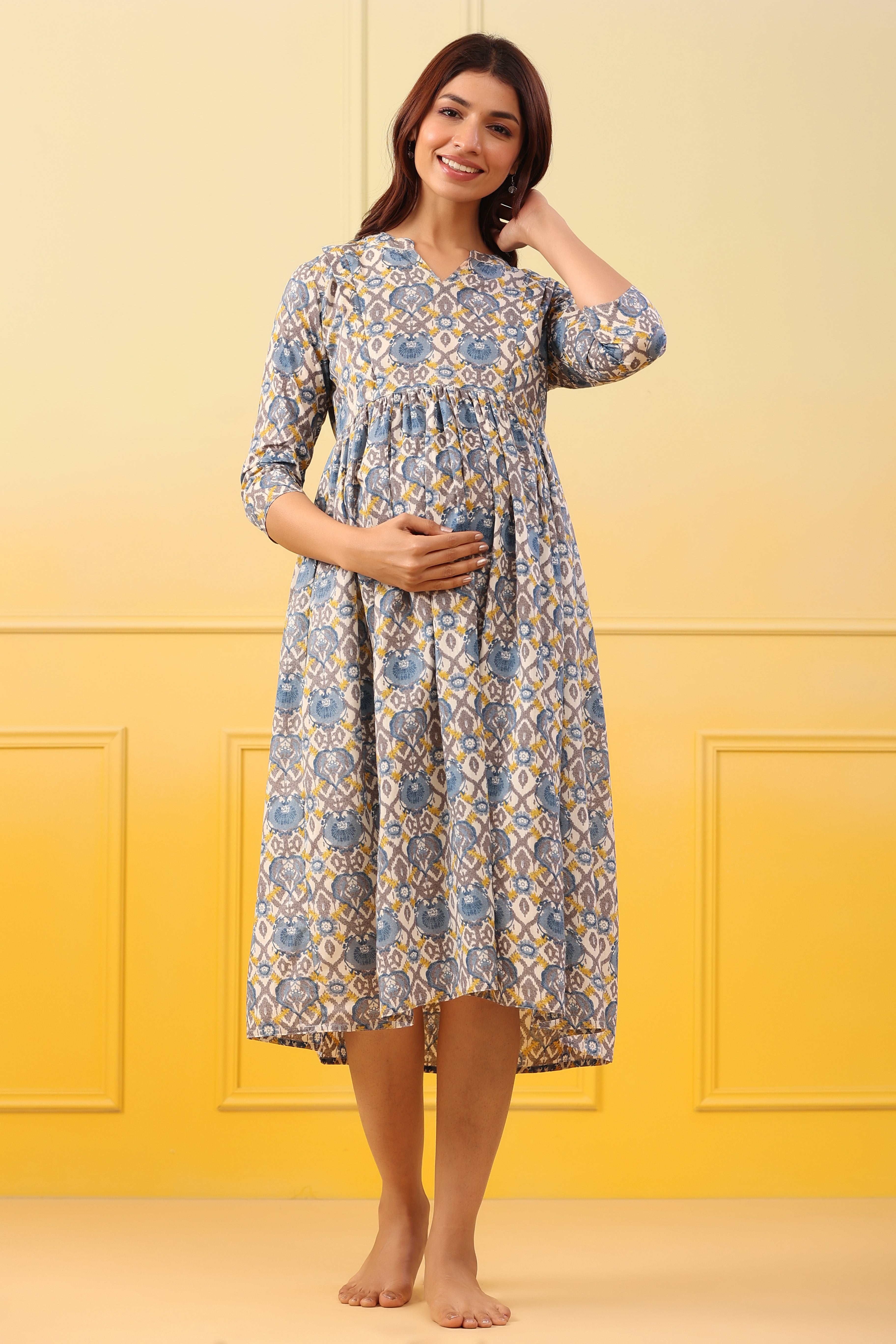 Ice Blue Cotton Maternity - Nursing Dress